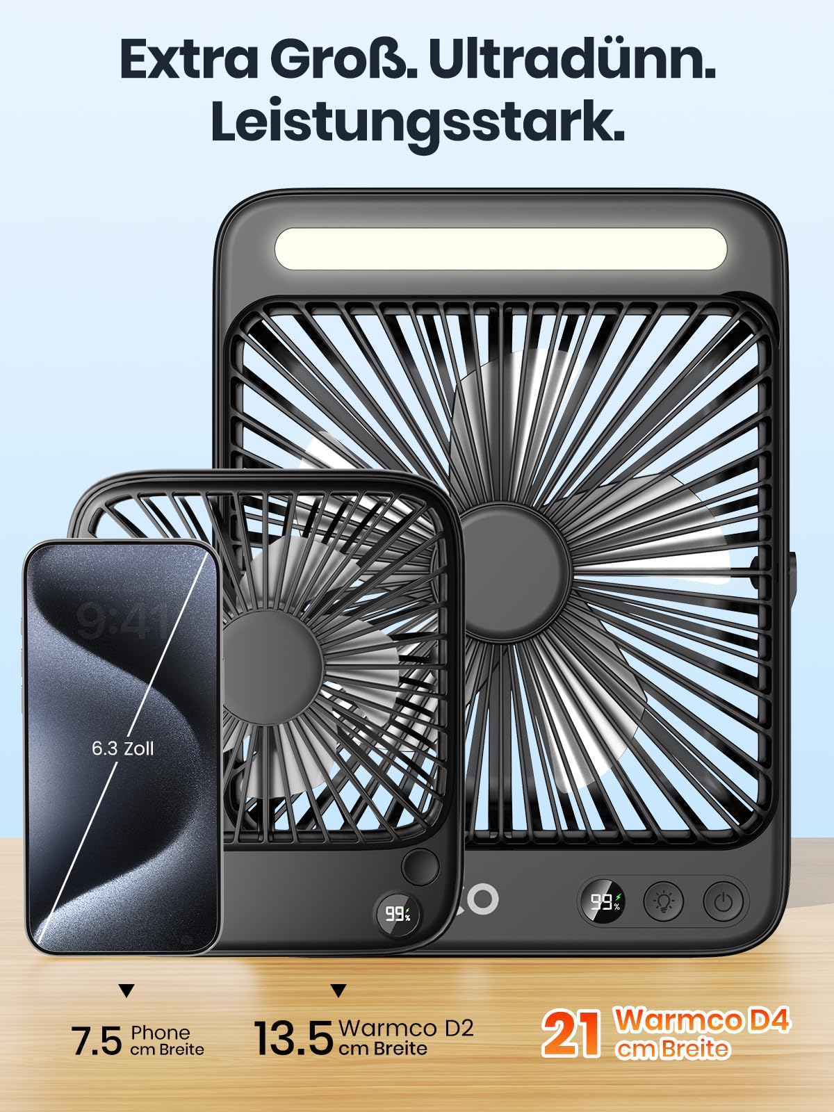 Warmco D4 Akku Camping Ventilator 20000mAh LED-Lampe 48 Std. Laufzeit Leiser Ultraflacher Ventilator Mit Display & Haken