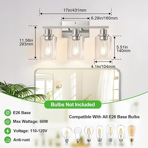 Miniatura 93 de Lámparas de baño de 3 luces, luces de tocador de latón para baño con pantallas de vidrio transparente, modernos apliques de pared de baño