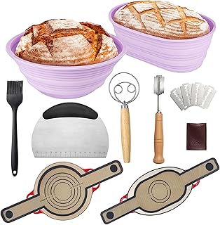 Banneton Bread Proofing Basket Starter Kit-Sourdough Proving Basket Bread Making Accessories Starter Kit with 9 Inch Round&10 Oval Foldable Silicone Banneton Basket,Danish Dough Whisk,Bread Sling Lame