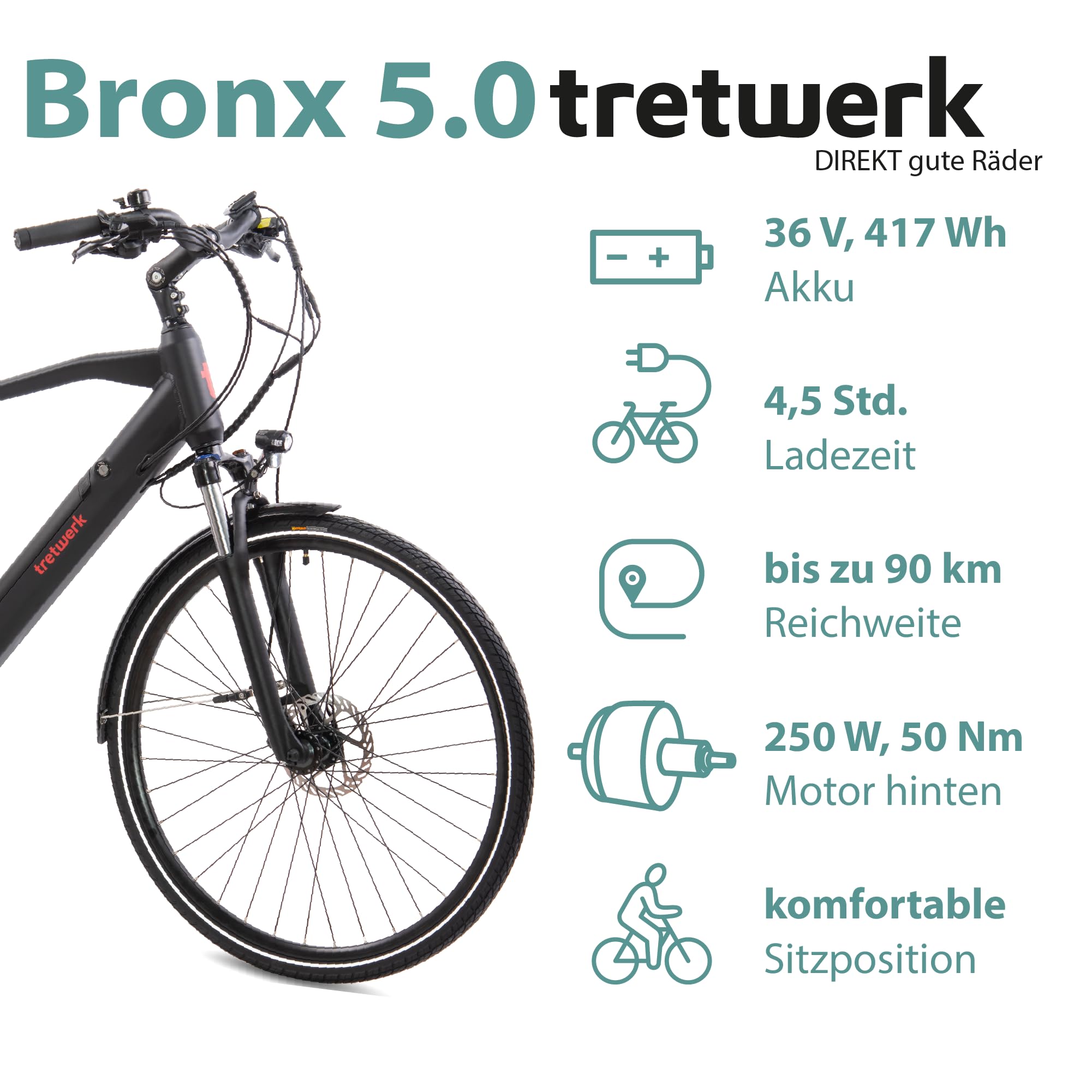 TRETWERK - 28 Zoll E-Bike Herren Pedelec - Bronx 5.0 - E-Trekkingbike Herrenfahrrad mit hoher Reichweite und 24 Gang Shimano Kettenschaltung - Elektrofahrrad mit Hecknabenmotor 250W, 36V