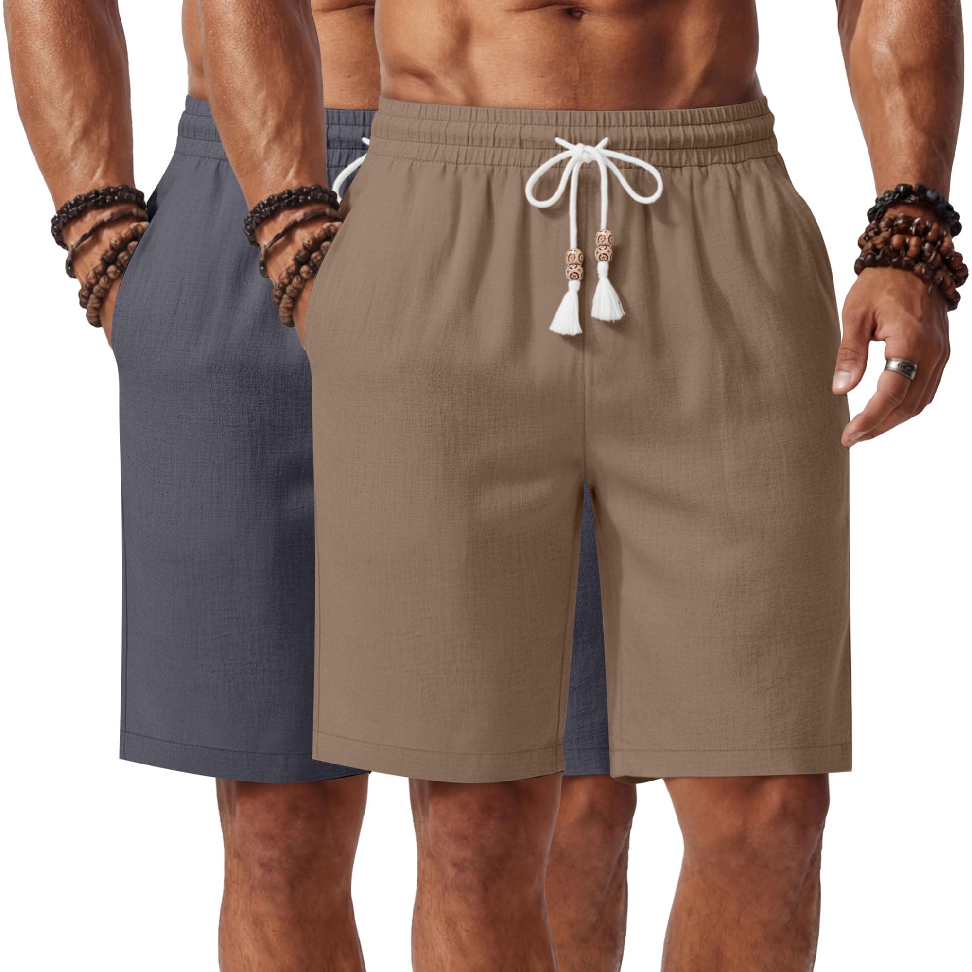 Neer 2 Pack Men's Linen Shorts, Casual Lightweight Drawstring Shorts 9 Inch Inseam Elastic Waist Short Pants with Pockets