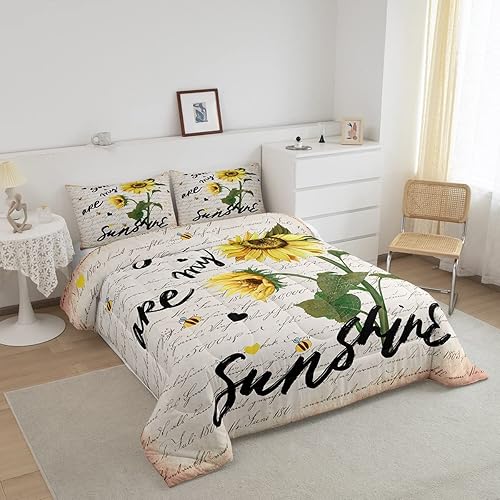 Miniatura 2 de Castle Fairy Juego de edredón de girasol, tamaño Queen, ropa de cama rústica de abeja de granja de 3 piezas para niños, adolescentes y adultos,