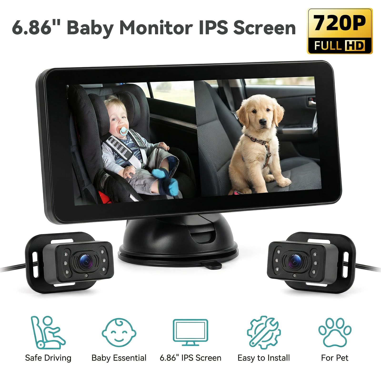 SIXTOP Caméra Bébé pour Voiture, Moniteur IPS 6,86 Pouces avec 2 Caméras HD Arrière (Siège), Vision Nocturne & Angle Large de 90°, Installation Sûre et Stable pour Voiture/SUV/Van