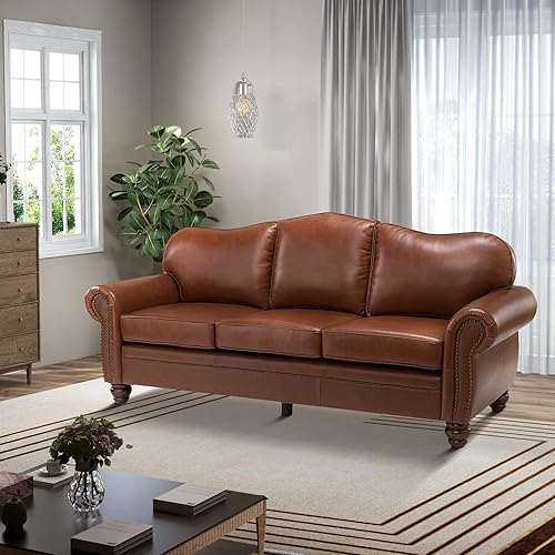 Miniatura 5 de HULALA Home Sofá tapizado de cuero de 81 pulgadas con ribete de cabeza de clavos y reposabrazos enrollados, moderno de mediados de siglo, sofá de 3