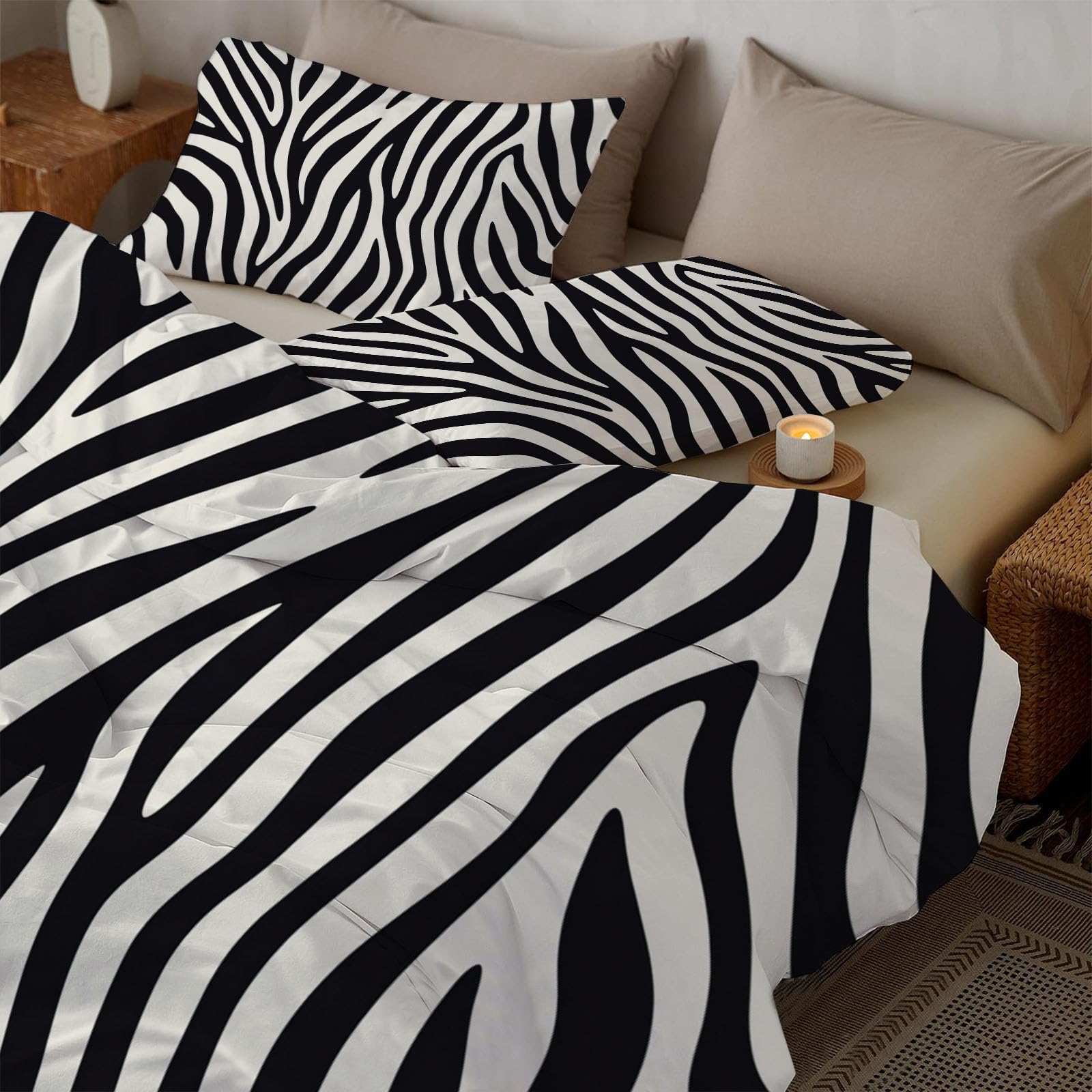 Juego de Ropa de Cama de 3 Piezas,Microfibra Rayas de Cebra y Sencillo Cebra de Animales Salvajes Juego de Fundas Edredón con 1 Funda Nórdica + 2 Funda de Almohada (Negro,Cama 135/150,220×240CM)