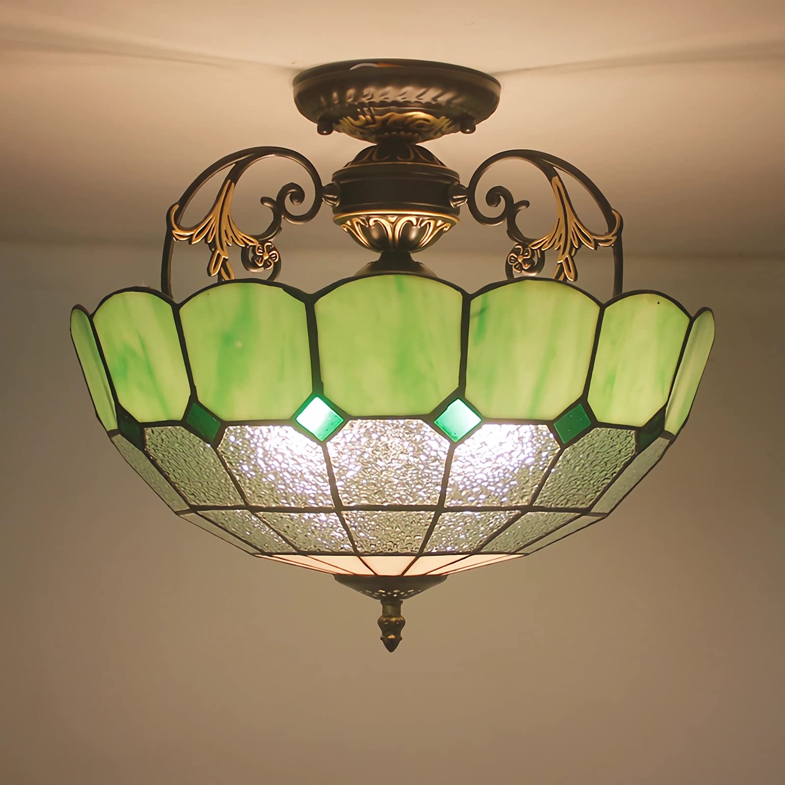 Wdbztj 40Cm Tiffany Style Chandelier, Green Stained Glass Ceiling Pendant Light For Living Room Bedroom Dinning Room Kitchen Island Hallway,