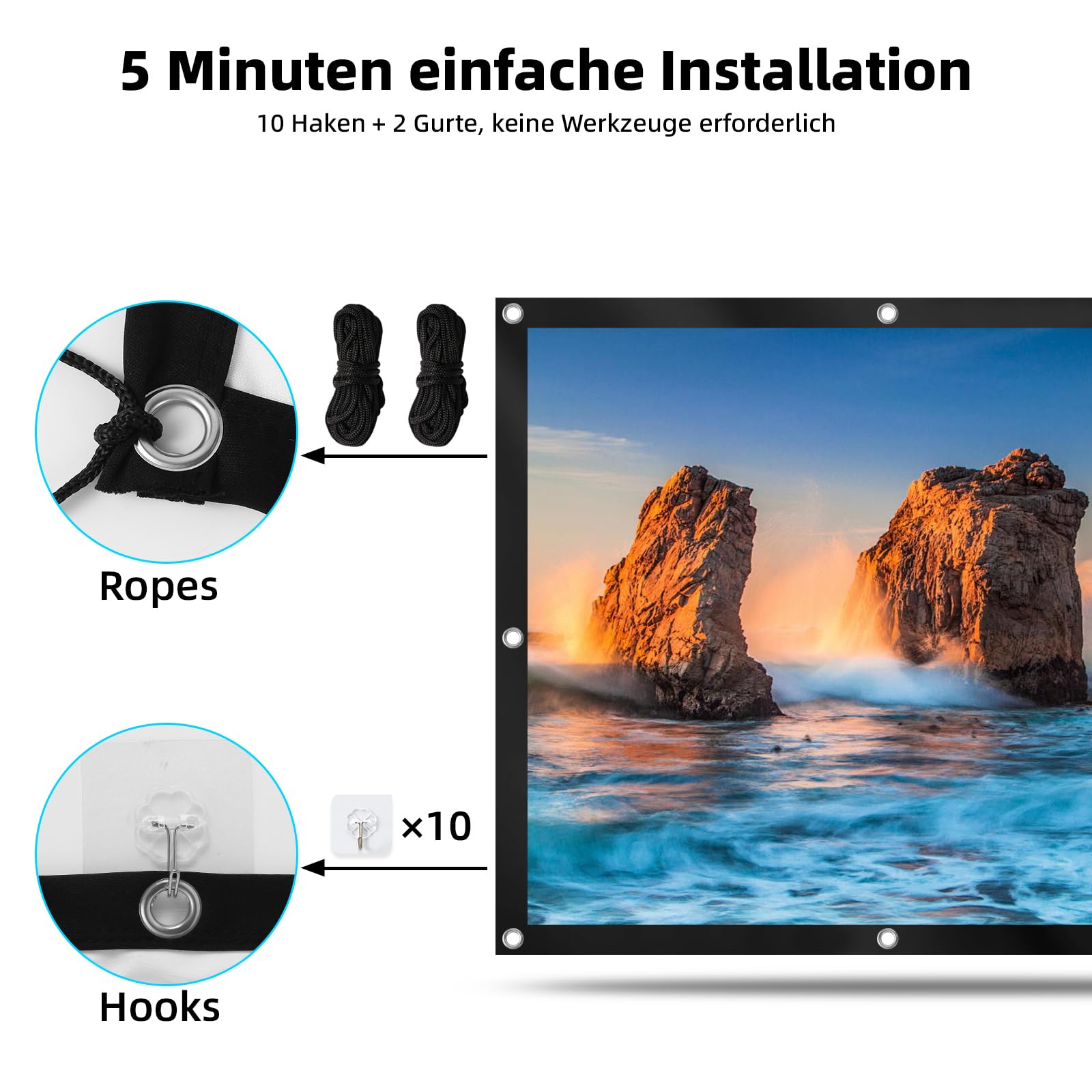 Leinwand Beamer 100 Zoll, 16:9 4K HD Projektionsleinwand aus verdickter Milchseide, tragbare Beamer Leinwand mit 10 Haken & 2 Bindeseilen, für Heimkino, Büro, Schule, Party und Outdoor