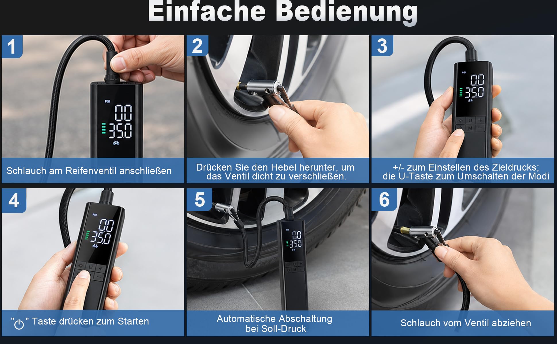 Bomba de aire eléctrica 150PSI con autostop – Compresor de batería EPERSU portátil, preajuste preciso de presión bomba de bicicleta para coche, moto, bicicleta eléctrica, scooter eléctrico y pelotas