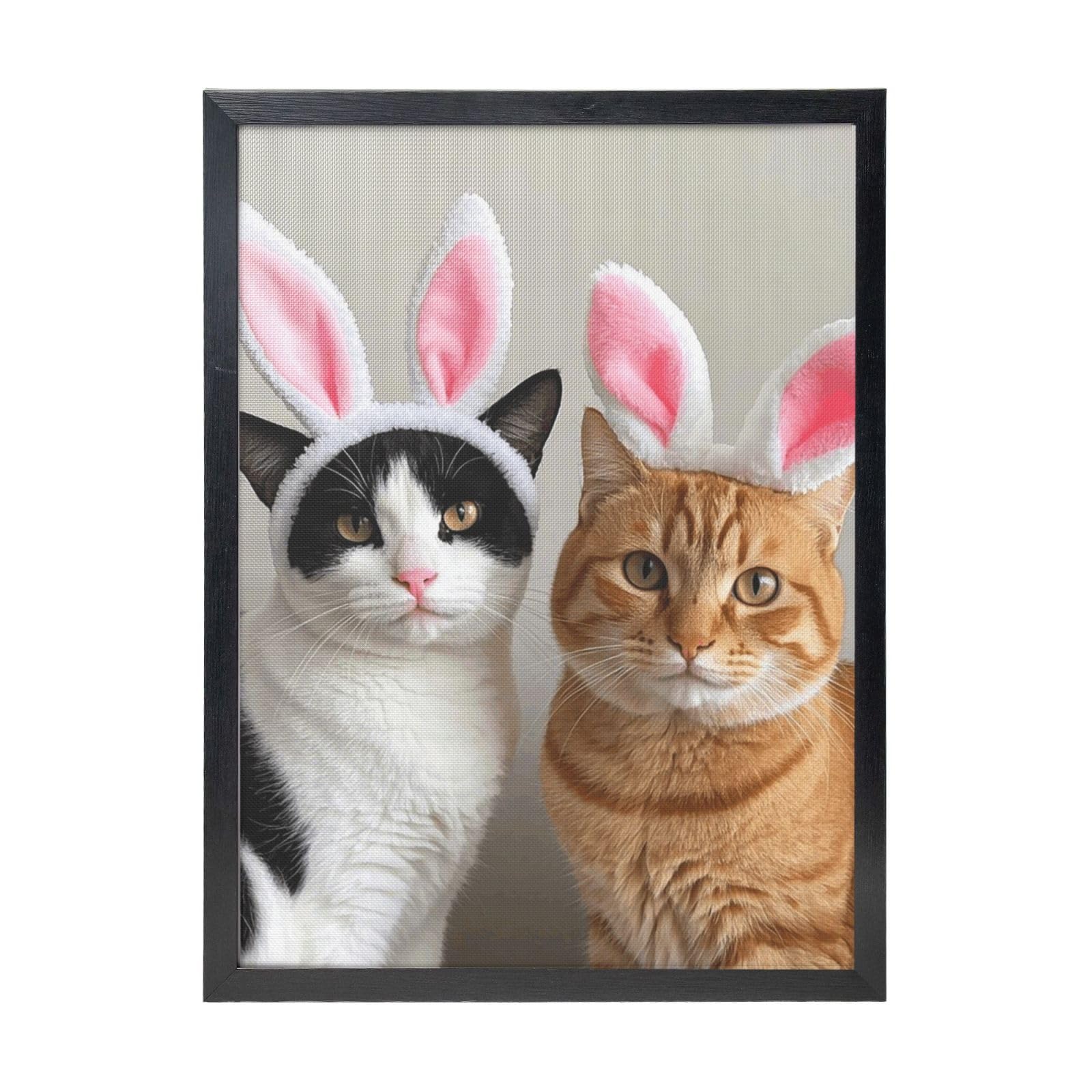 Framed Wall Art - Decorative Canvas Painting Cow cat and ginger cat wearing bunny ears Pictures Poster Aesthetic Modern Prints Artwork for Bedroom Office Wall Decor Ready To Hang 12x16 in