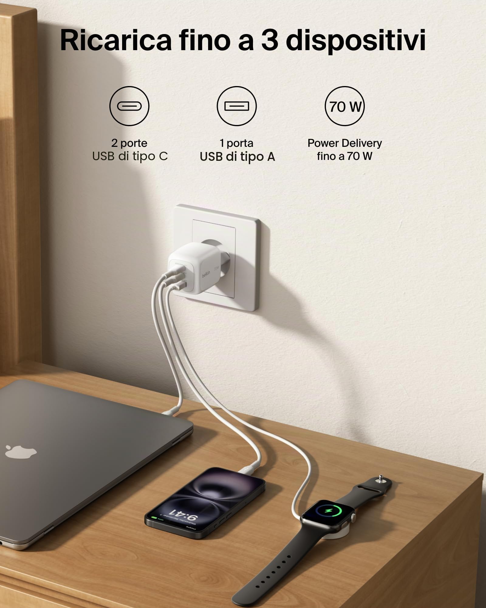 Belkin Caricatore USB C a 3 porte, 70 W, con spina per USA/GB/EU, 2 porte USB-C, 1 porta USB-A, caricatore rapido per MacBook, iPhone, iPad Pro, Samsung Galaxy, Pixel ecc. - Bianco