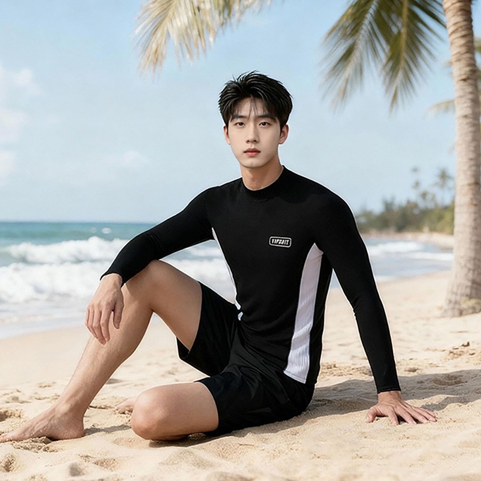 Generico Costumi da Bagno Uomo Rash Guard 3 Pezzi con Maglietta Maniche Lunghe, Pantaloni Lunghi e Corti Muta Nuoto Acque Libere Costume Surf Snorkeling per Estivo Spiaggia Hawaiana Vacanze,