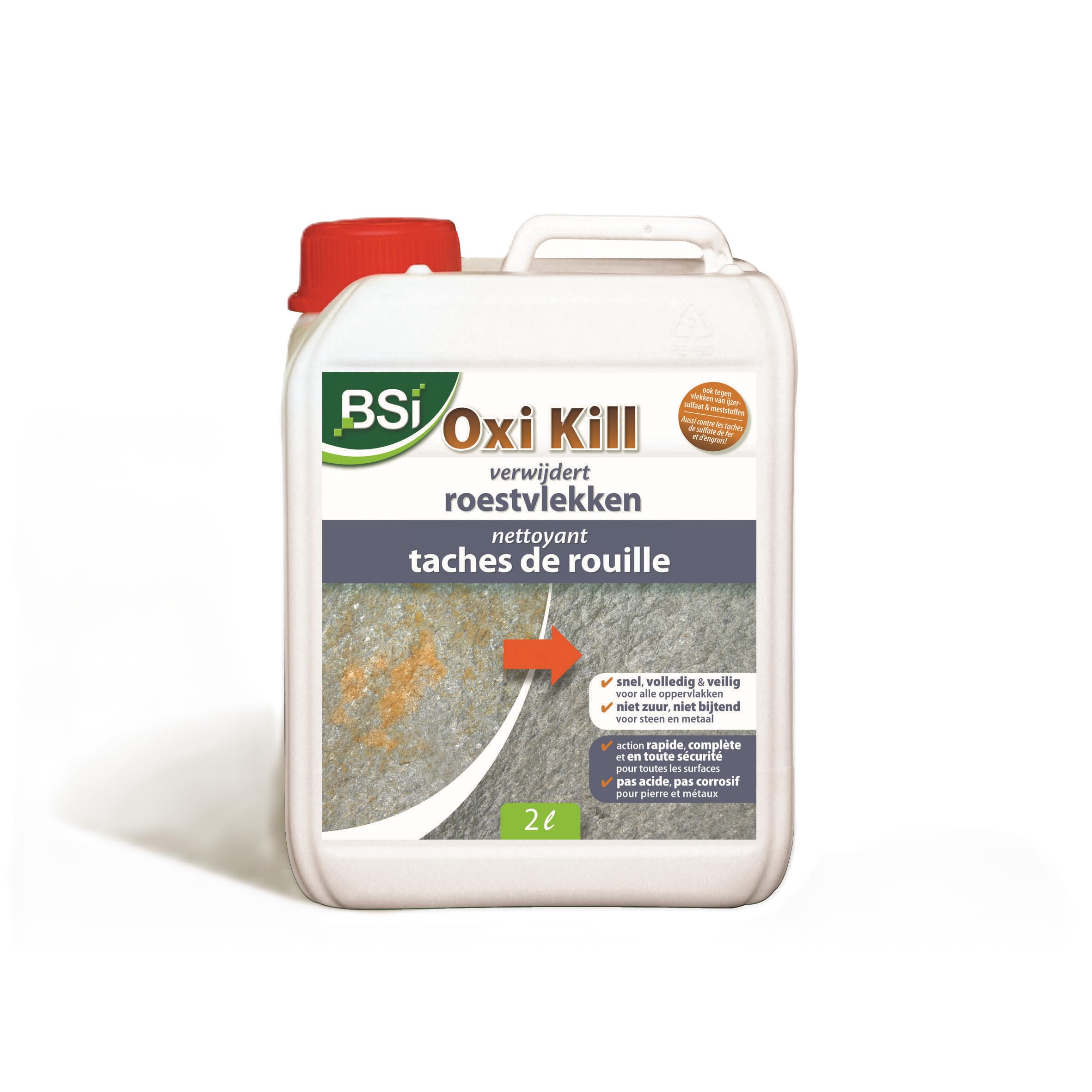 BSI - Oxi Kill - Nettoyant - Pour Ôter Les Tâches De Rouille - Efficace Sur Toutes Les Surfaces - Utilisation En Extérieur Comme Intérieur - Bidon - 2l - Prêt A l'Emploi