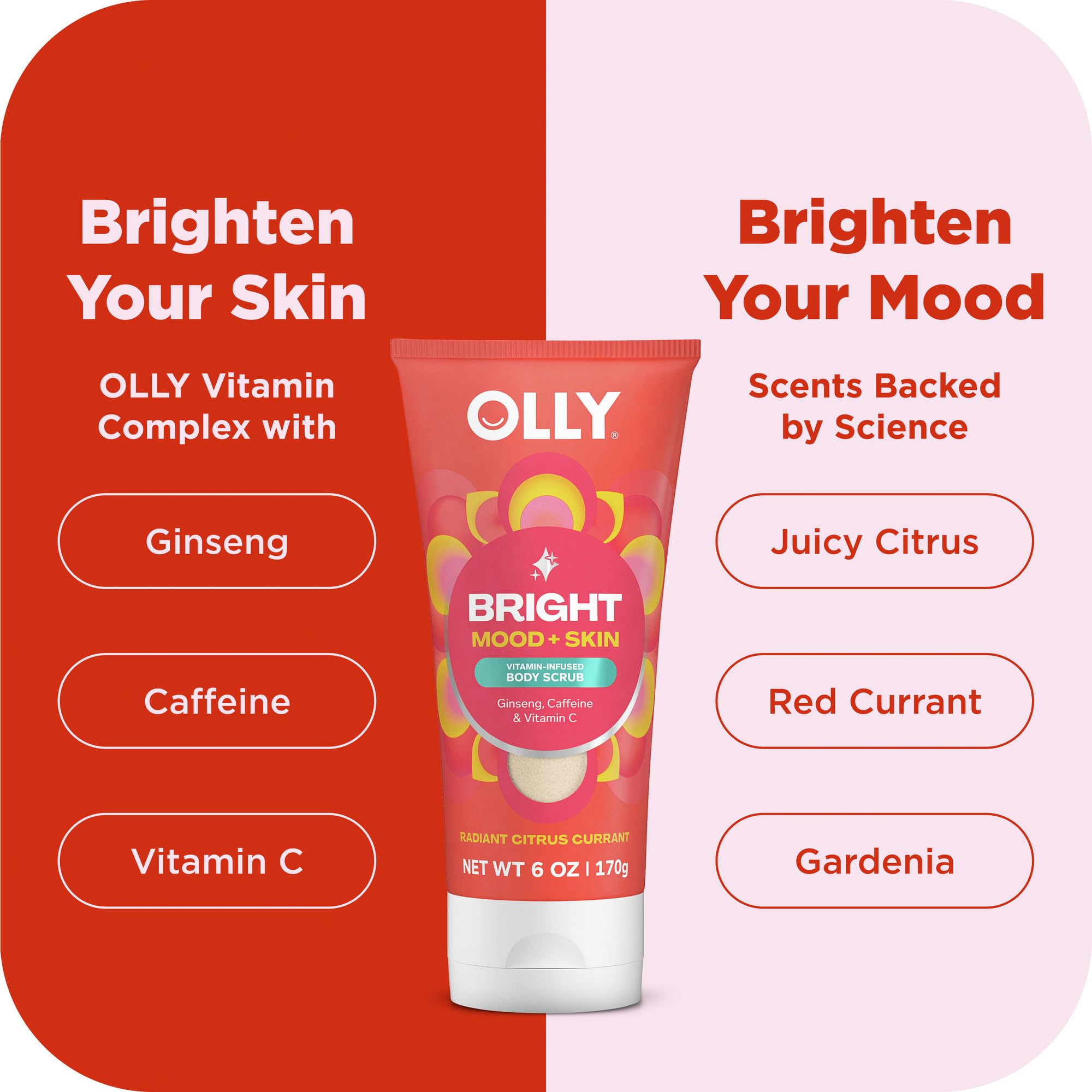 OLLY Bright Body Scrub with Ginseng, Caffeine & Vitamin C– Nourishing Cleanser for Skin Exfoliation, SkinBarrier Repair, Citrus Currant Scent, 6 oz