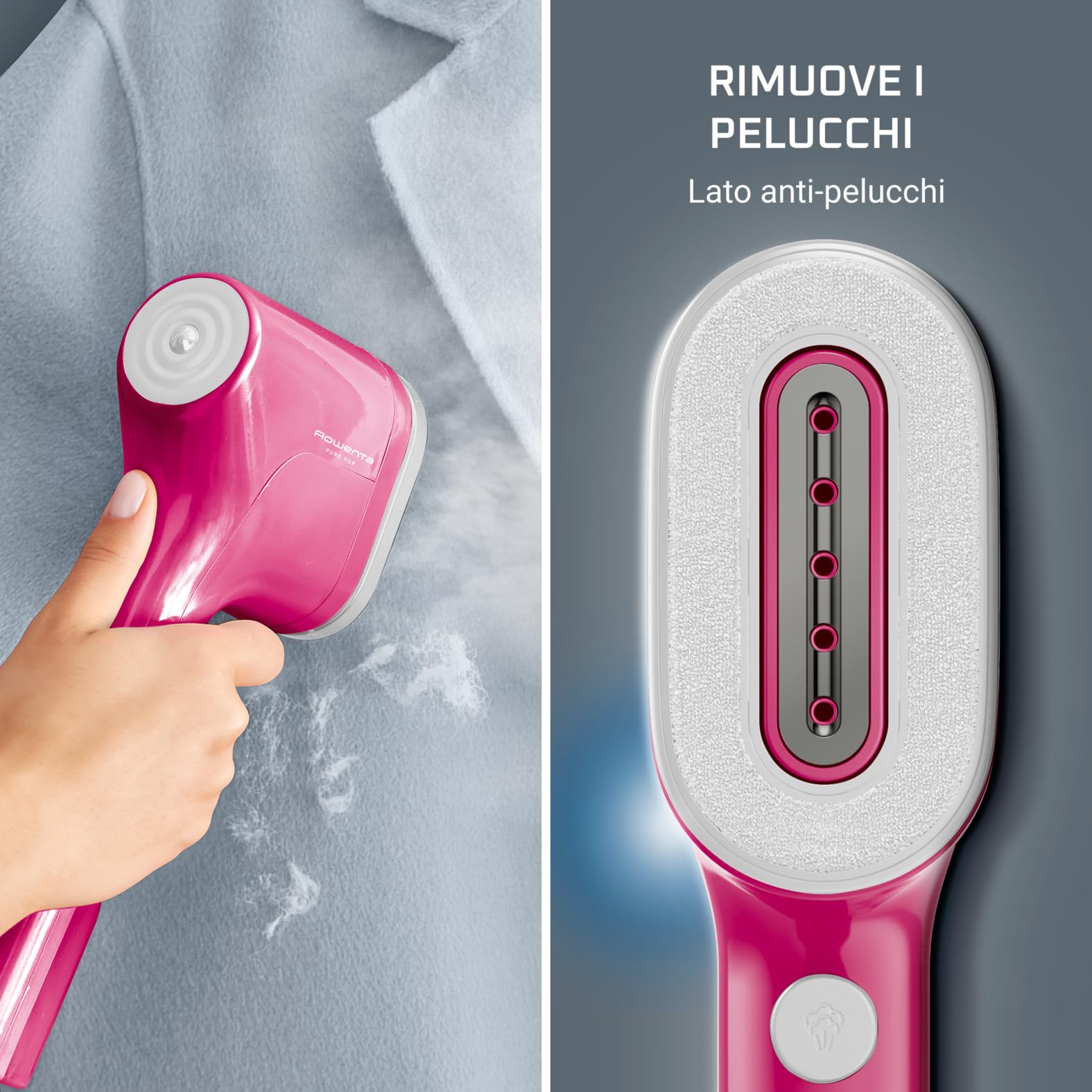 Rowenta Pure Pop pionowe przenośne żelazko parowe, przydatne do prasowania i dezynfekcji odzieży, z odwracalnym systemem usuwania kłaczków, szybkie nagrzewanie, moc 1300 W, kolor różowy, DR2023