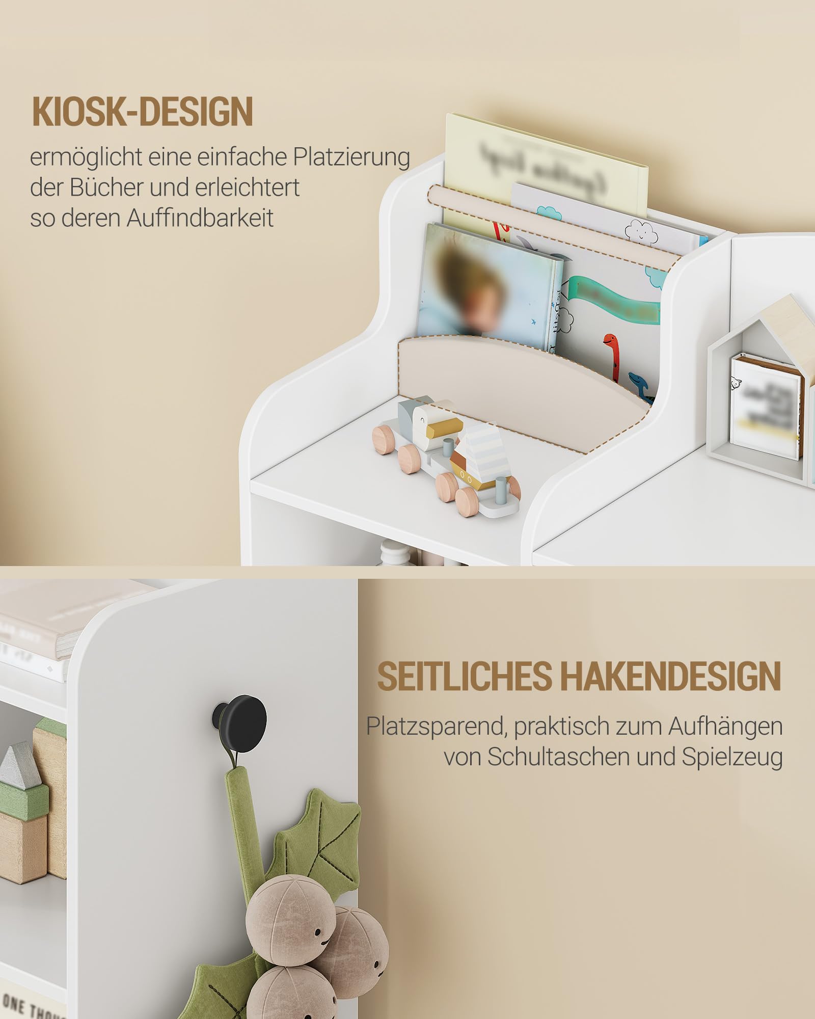 Hzuaneri Kinderregal, Bücherregal Kinder aus Holz, Spielzeugregal mit 8 Stoffschubladen für Kinderzimmer, Wohnzimmer, Arbeitszimmer Weiß 30 x 140 x 104 cm KB43003W