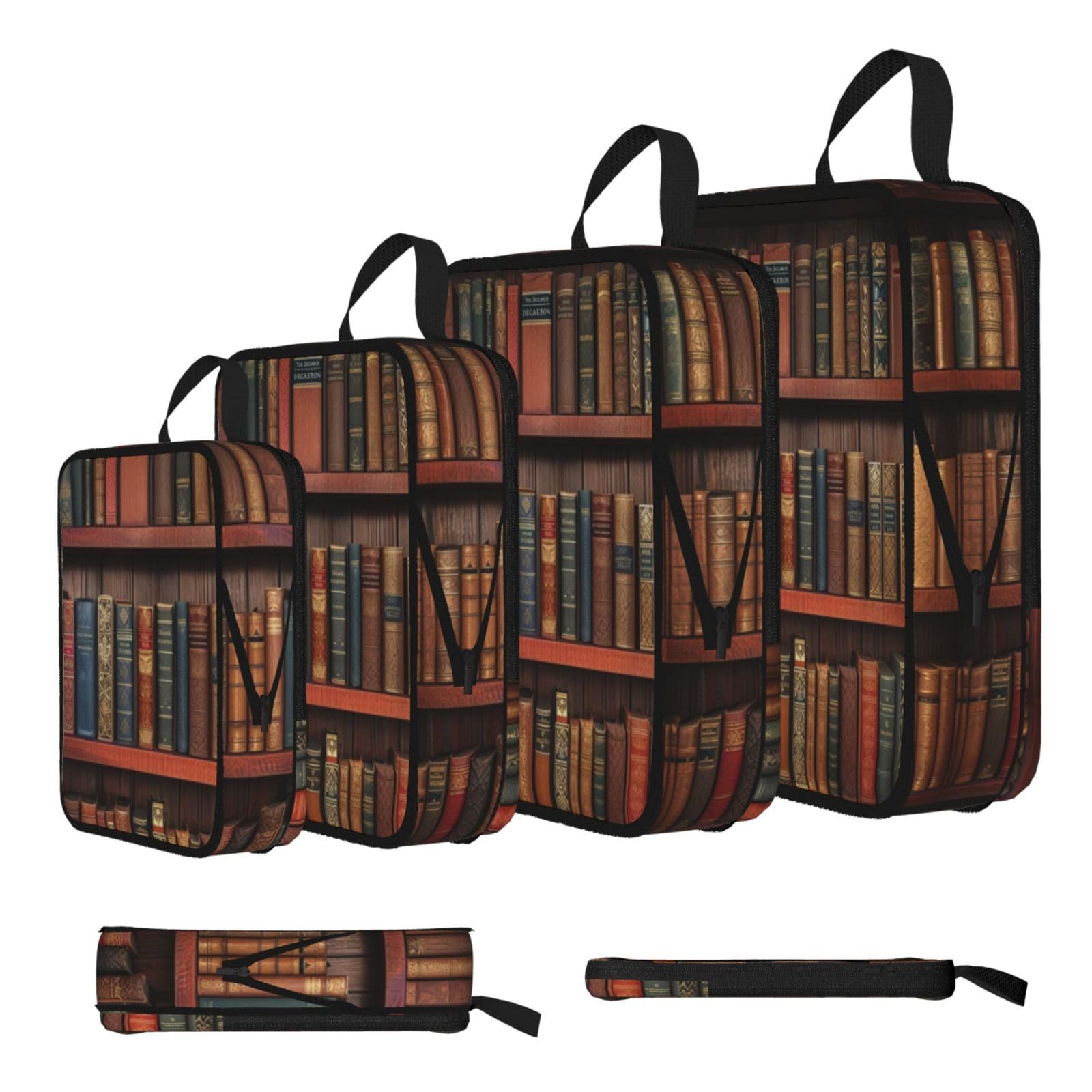 Vintage Antique Bookshelf Print Packing Cubes for Travel Space Saver Bags, Compression Packing Cubes Set of 4, Expandable Luggage Organisers, Suitcase Organiser Bags