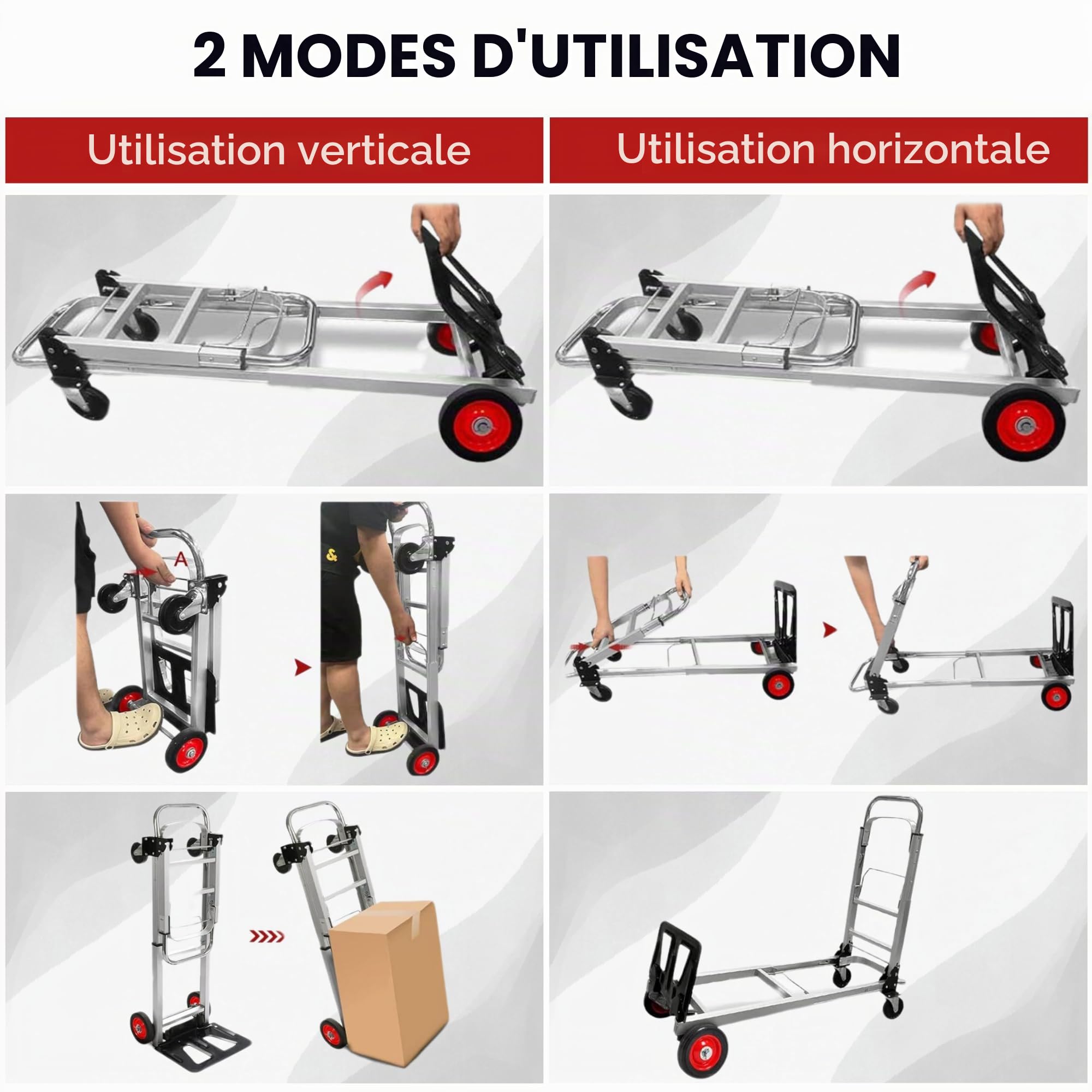 Diable Convertible 2 en 1 - Chariot à Main Pliable à 4 Roues, Transformable en Chariot à Plate-Forme, Aluminium, Capacité 150 kg - Pour Entrepôt, Jardin, Maison, Déménagements
