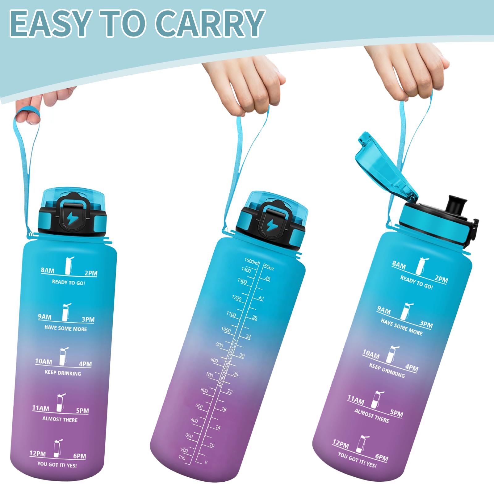 Motswedi Borraccia 1,5l, Borraccia Motivazionale, a Prova di Perdite, Bottiglia Palestra, Con marca temporale, Bottiglia Acqua per Sport, Università, Ufficio, Bicicletta - Blu&viola