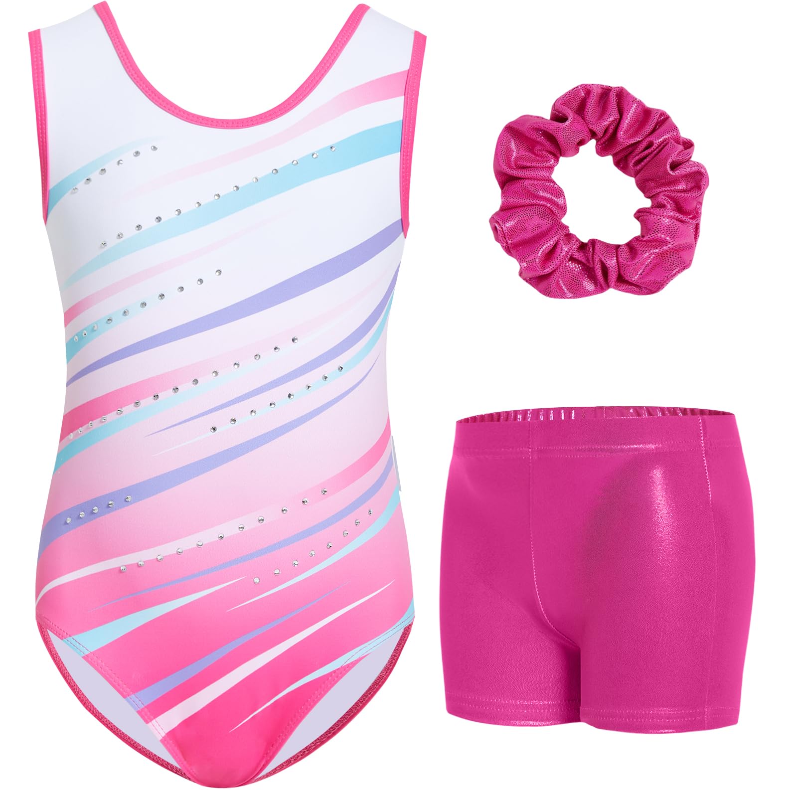 Gogokids Ärmelloses Gymnastiktrikot-Set für Mädchen, dreiteilig mit Shorts und Haargummi, Kinder Gymnastik Outfits mit Aushöhlen & überkreuztem Design, Glitzer Ballett-Einteiler für Alter 3-12