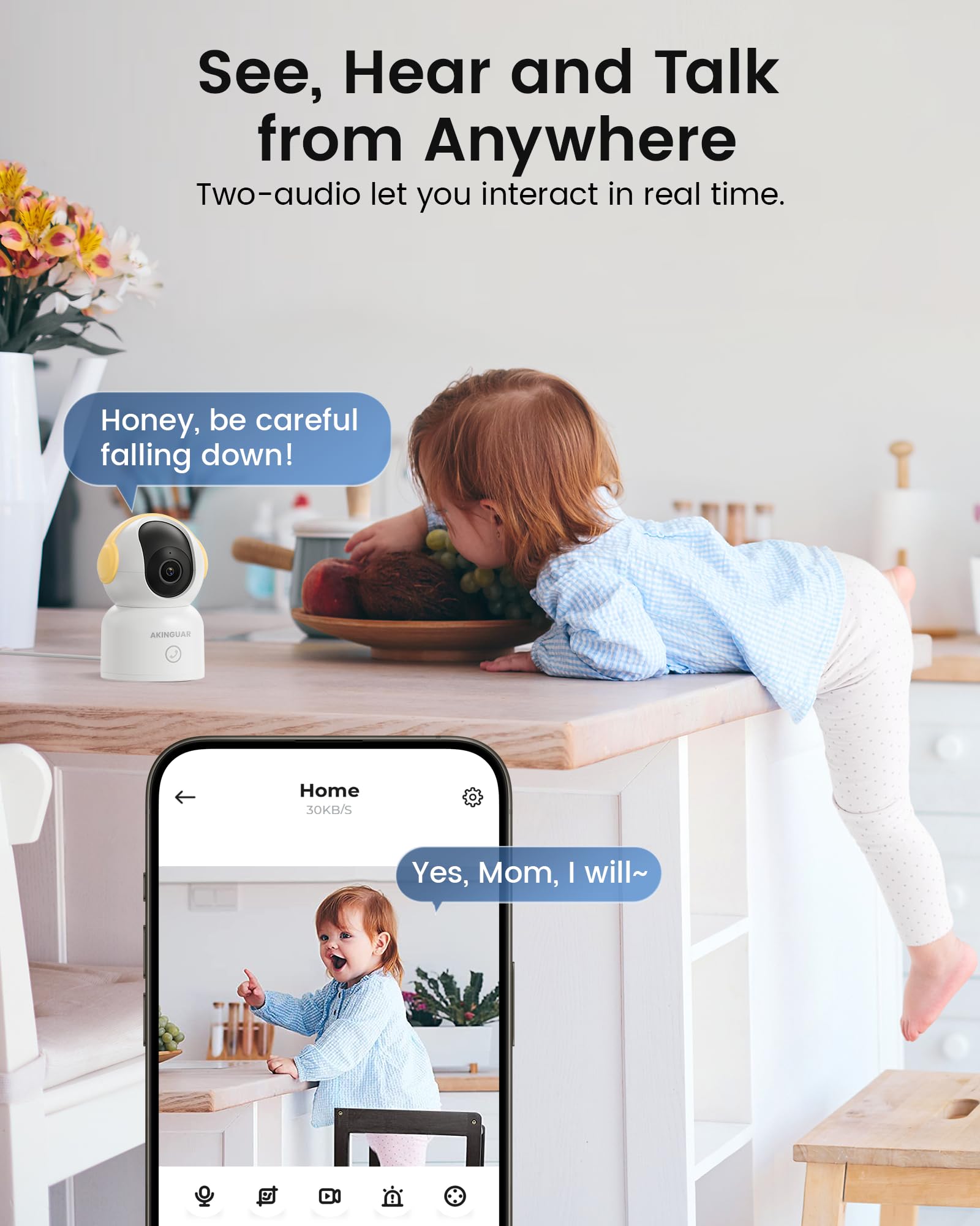 AKINGUAR T2 Telecamera WiFi Interno 2K(3MP), Videocamera di Sorveglianza, Rotazione a 355°, Visione Notturna, AI Intelligente Rilevamento di movimento/umanoide/gesto, Audio Bidirezionale