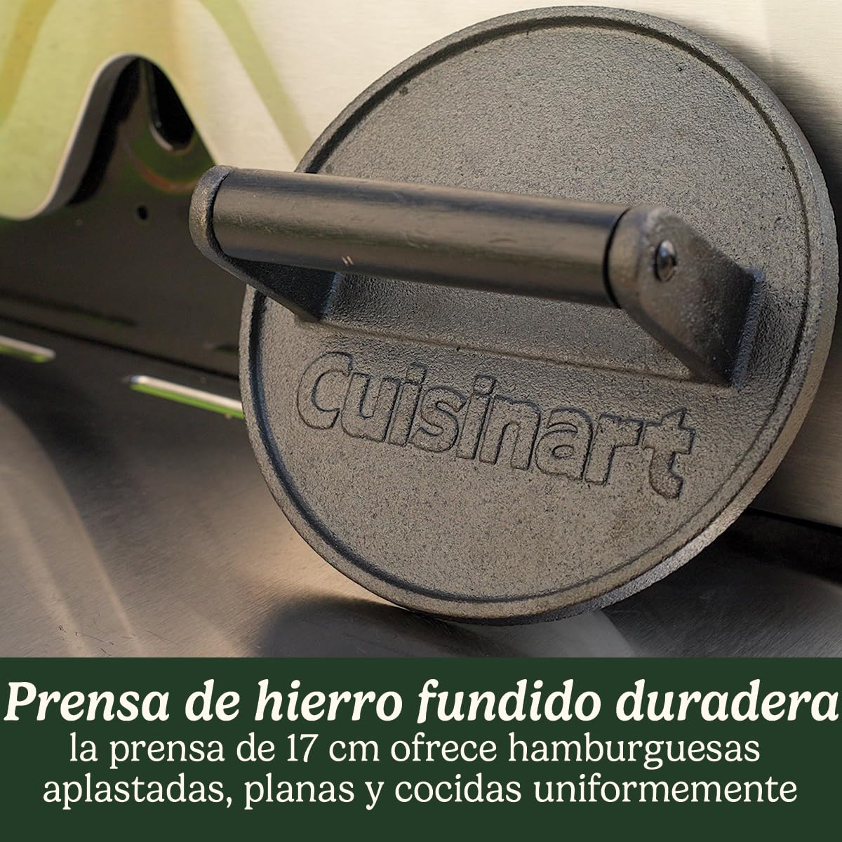 Cuisinart Prensa de hamburguesas de hierro fundido, resistente con mango resistente al calor, prensa de parrilla de 17 cm para hamburguesas, carne, sándwiches