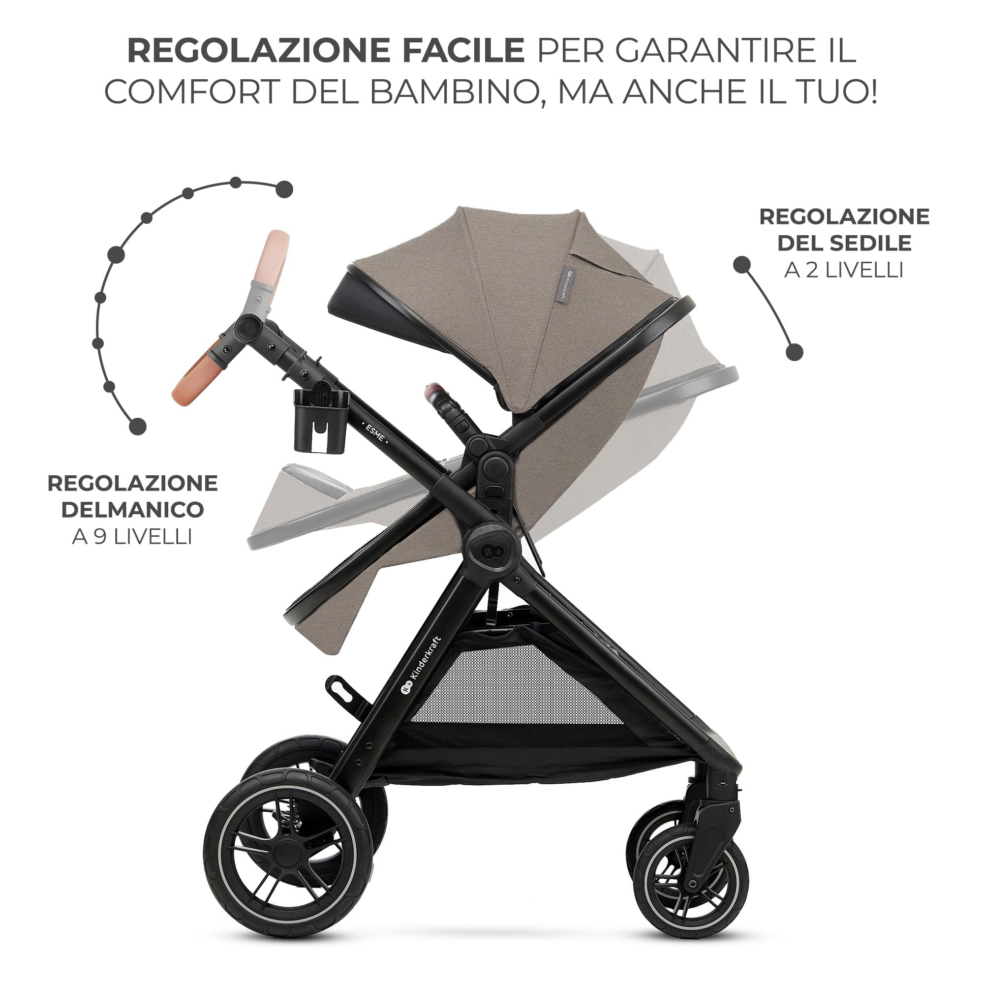 Kinderkraft ESME Trio passeggino neonati 3 in 1 fino 26 kg, Ovetto I-SIZE 40-75 cm, Carrozzina reversibile, Pieghevole, Beige