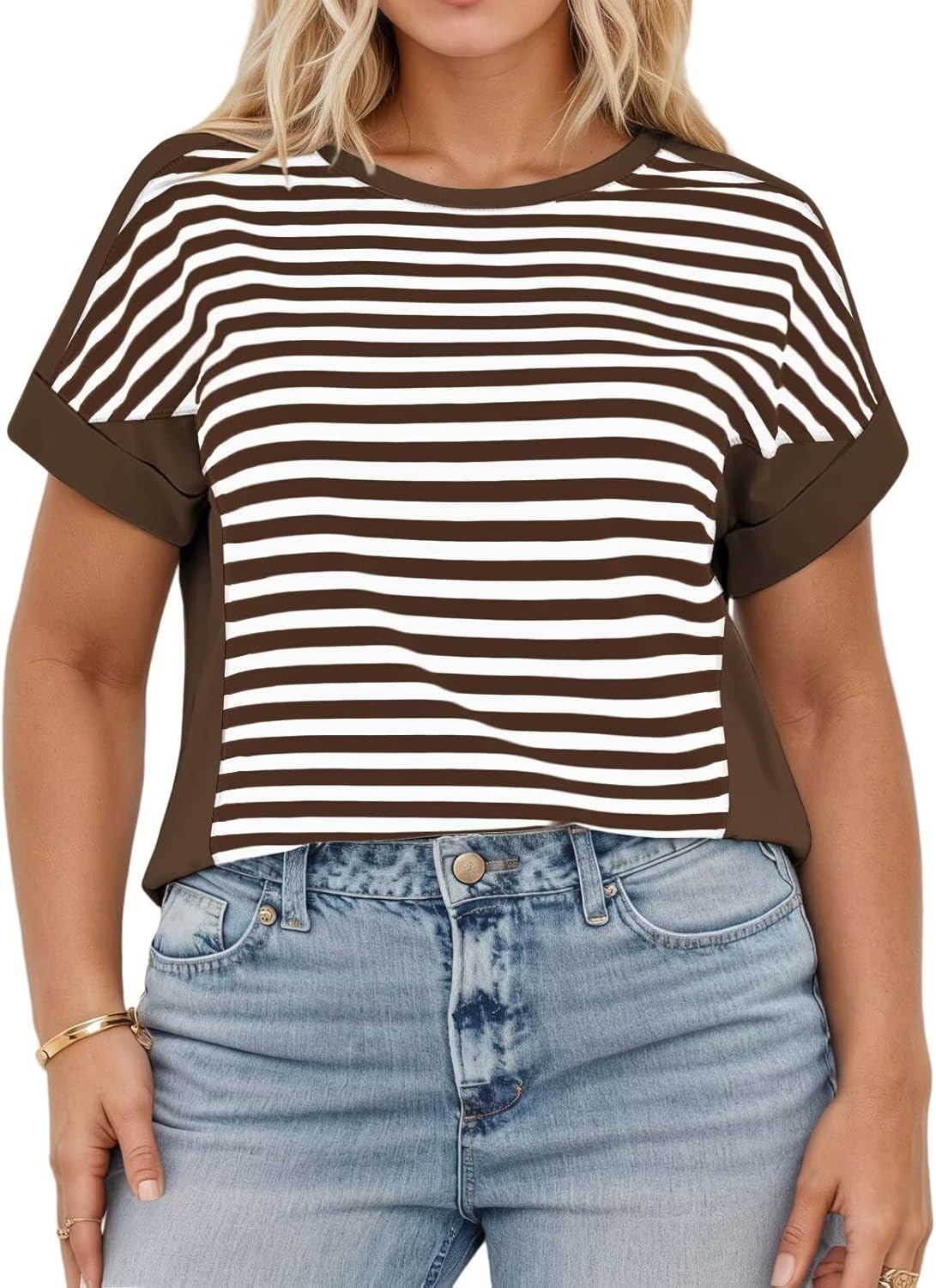 VISLILY Womens-Plus-Size-Summer-Tops Casual Striped Color Block T Shirts Crewneck Short Sleeve Workout Tees Loose Blouses - Image 3