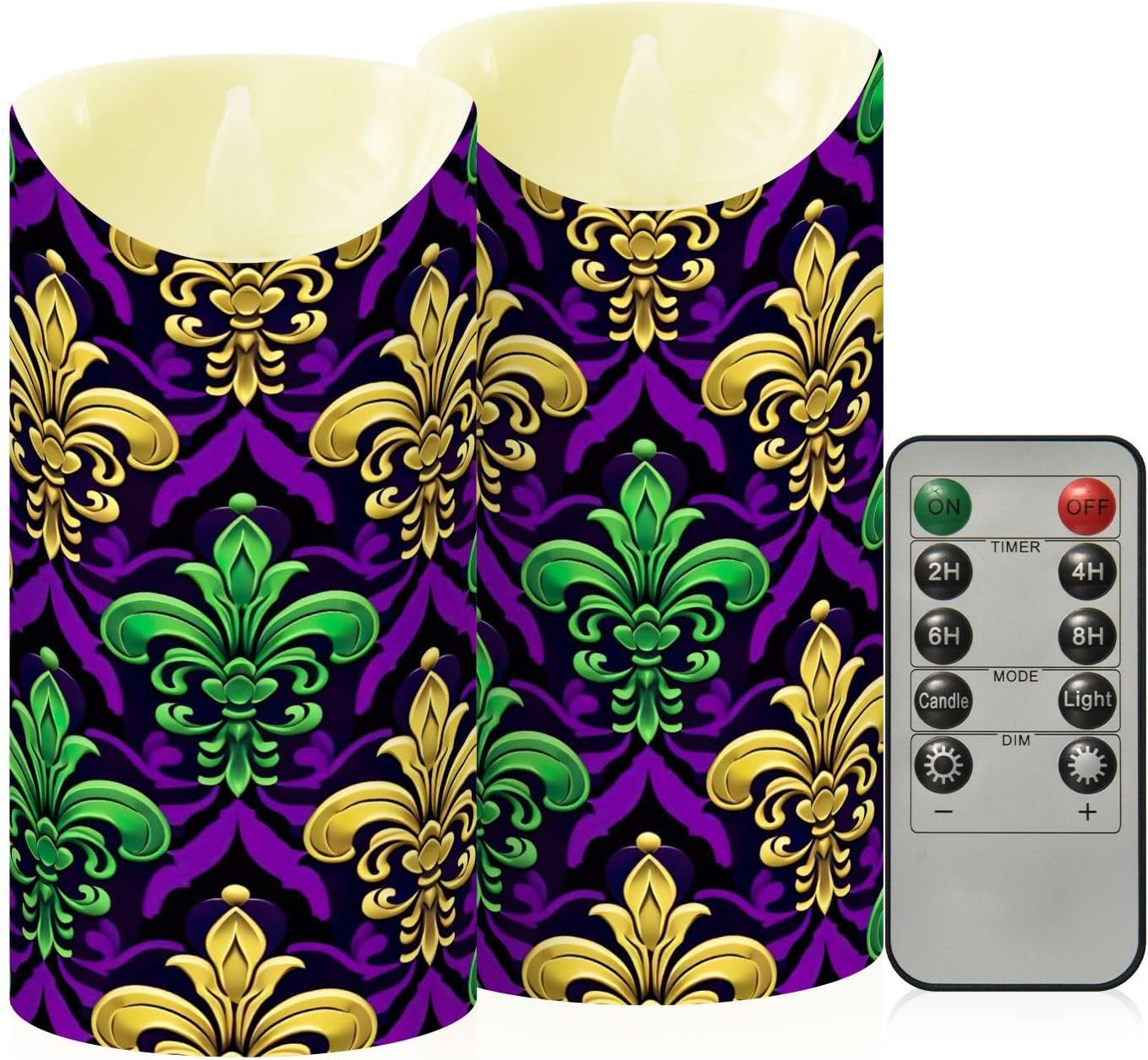 YETTASBIN Mardi Gras Flameless Candles with Remote Timer Set of 2, Waterproof Adjustable Long Lasting Battery Operated LED Pillar Candles for Party Holiday Home Decor, 5.9 x 3 Inch