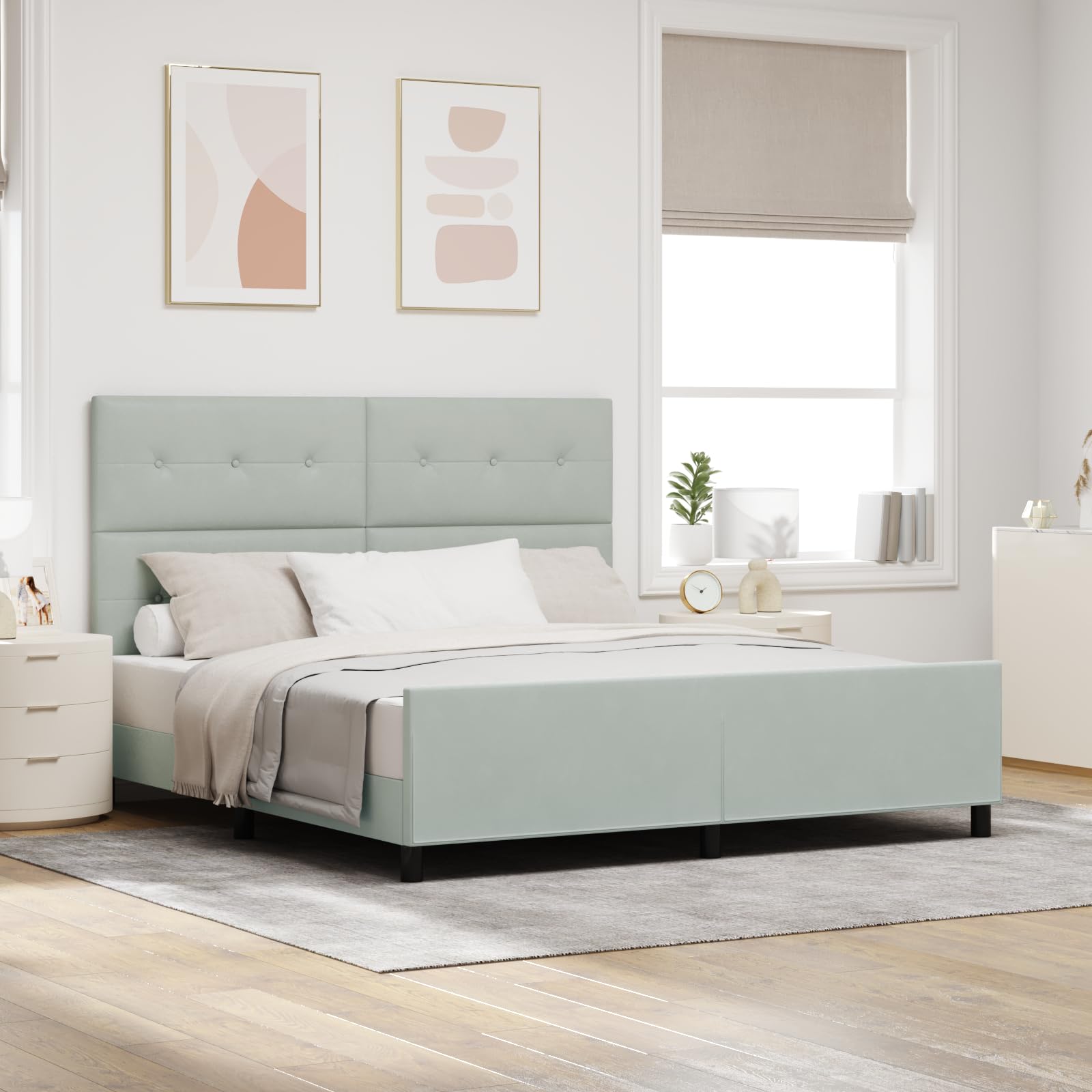 Bettgestell Hellgrau 180x200 cm, Modernes Samt upholstered Doppelbett, bedframe mit headboard und Platform für Bedroom