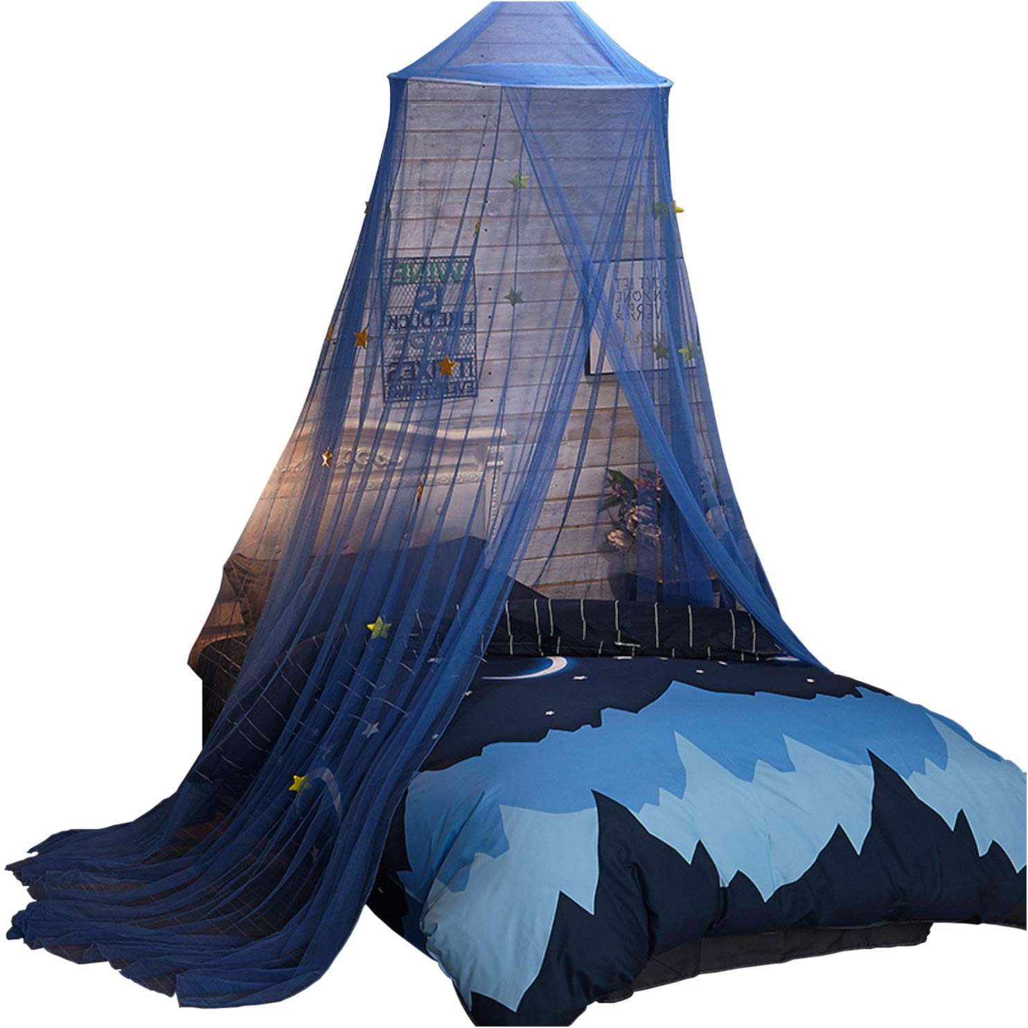 SHIKUN Blue Canopy Round Dome Mosquito Net with Stars Children's Mosquito Net Nordic Minimalist Style Children's Tent Bed Curtain For Boys, Girls, Kid Single Bed