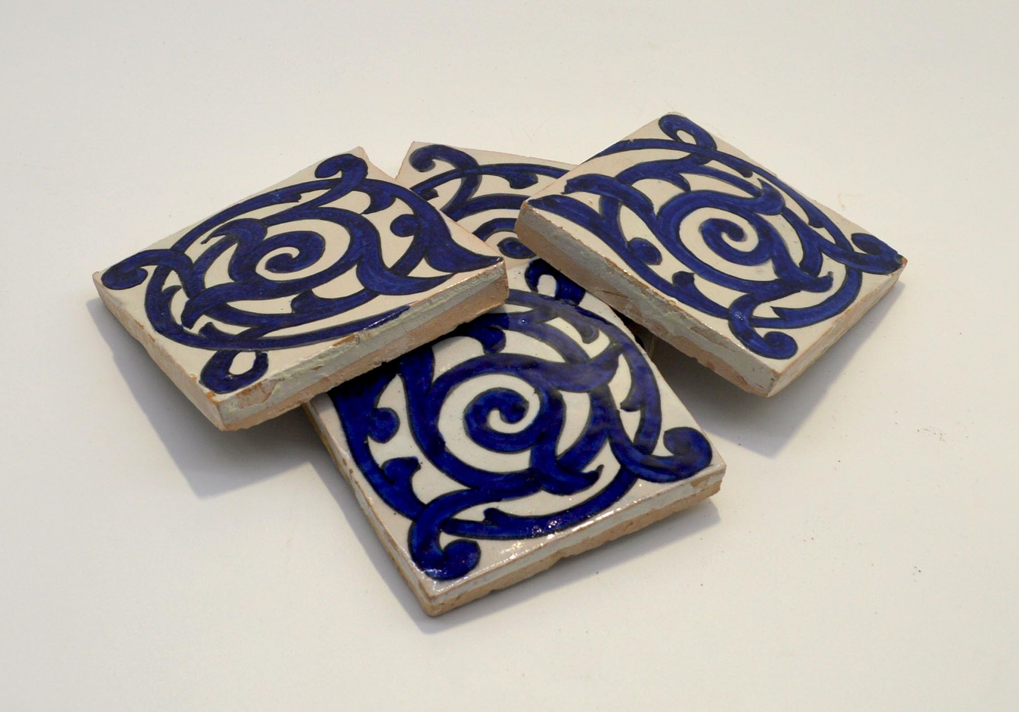 Cobalt Blue Andaluz, Set of 4 Moroccan Glazed and Hand Painted Ceramic Wall and Floor Tiles, Indoor and Outdoor, 10 x 10 cm - Floral Design