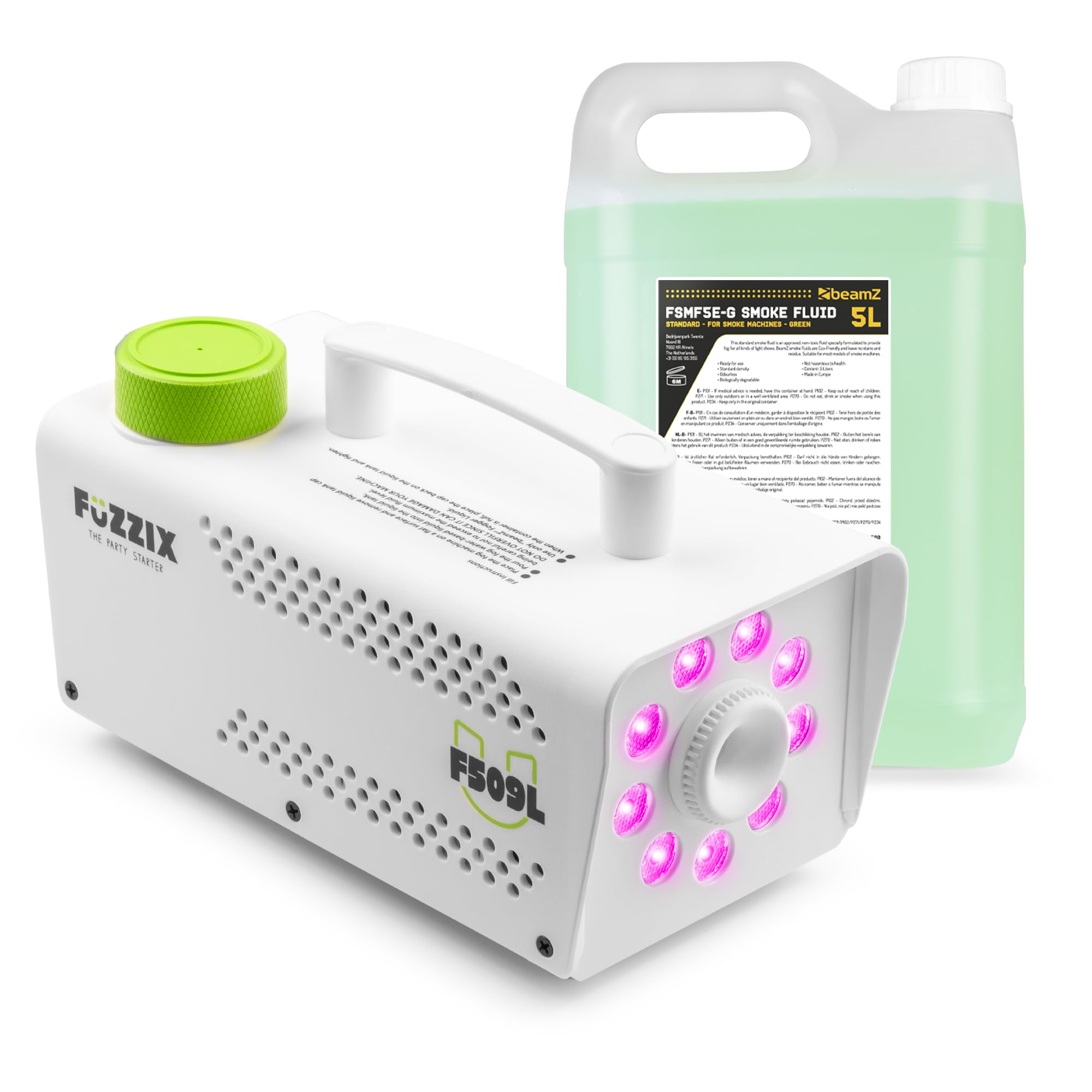 Fuzzix F509LW Nebelmaschine Mini mit LED Lichteffekt und 5 Liter Nebelfluid, 500 Watt mit Fernbedienung, Rauchmaschine Party, Smoke Machine mit 9 LEDs RGB, Hochzeiten, Nebelmaschine Halloween Party