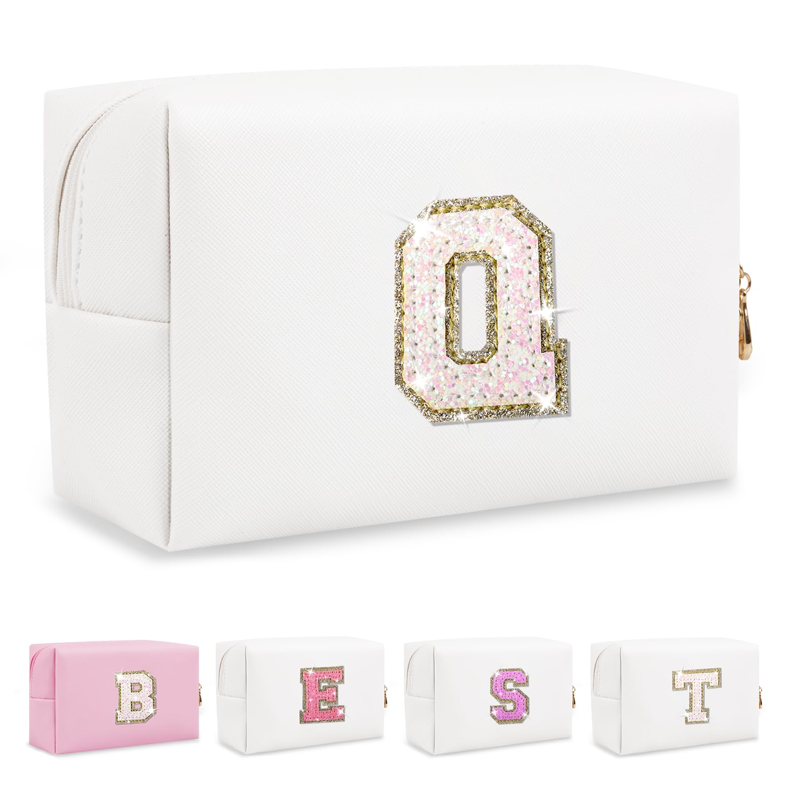 Small Personalized Initial Letter Makeup Bag, Preppy Cute White Makeup Bag Cosmetic Zipper Pouch, Waterproof PU Leather Travel Toiletry Monogrammed Glitter Letter Organizer Birthday Gifts for Women,Q