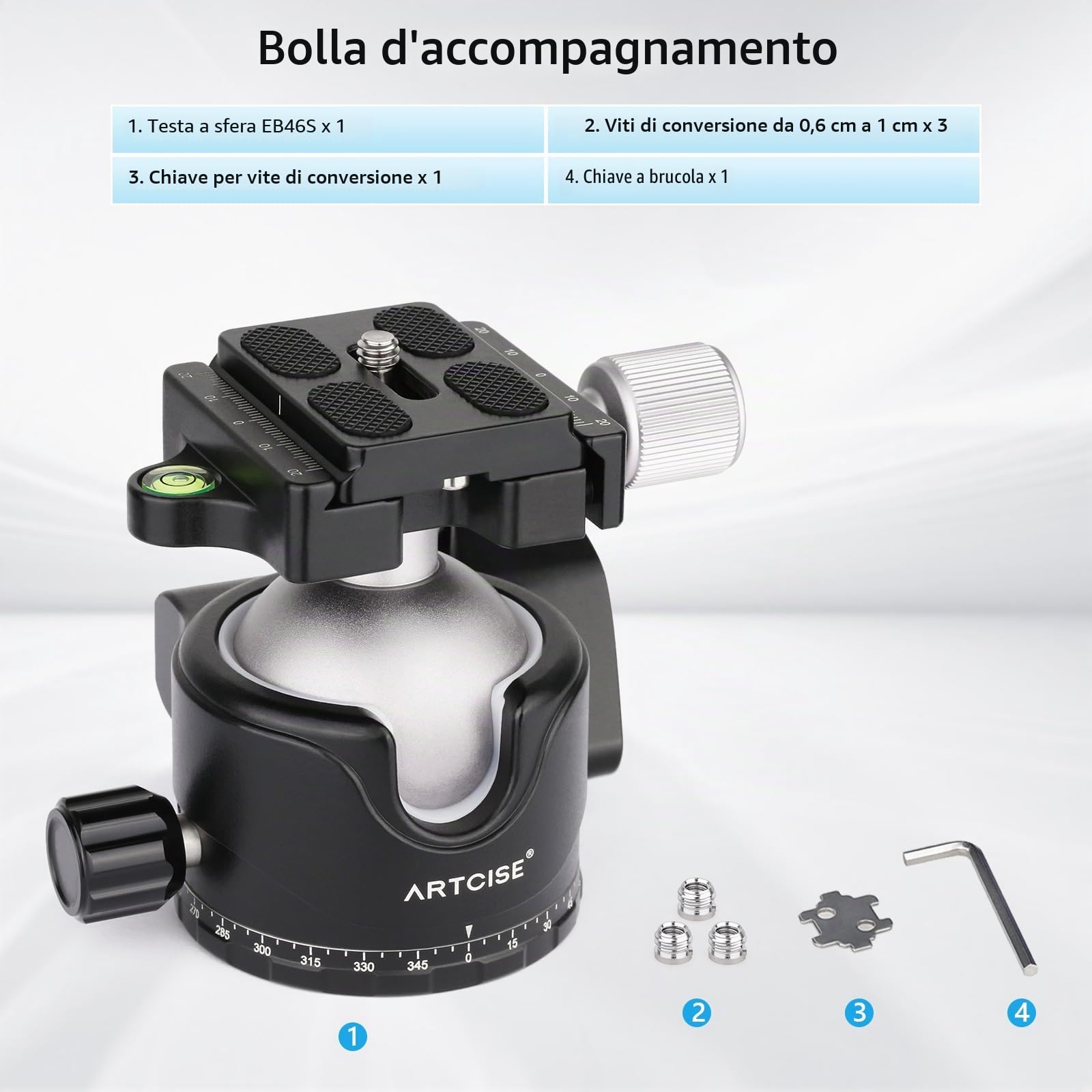 Testa a sfera a basso profilo ARTCISE, testa per treppiede in metallo panoramica a 360° da 46 mm con piastra a sgancio rapido Arca 1/4" per treppiede DSLR, carico massimo: 20 kg