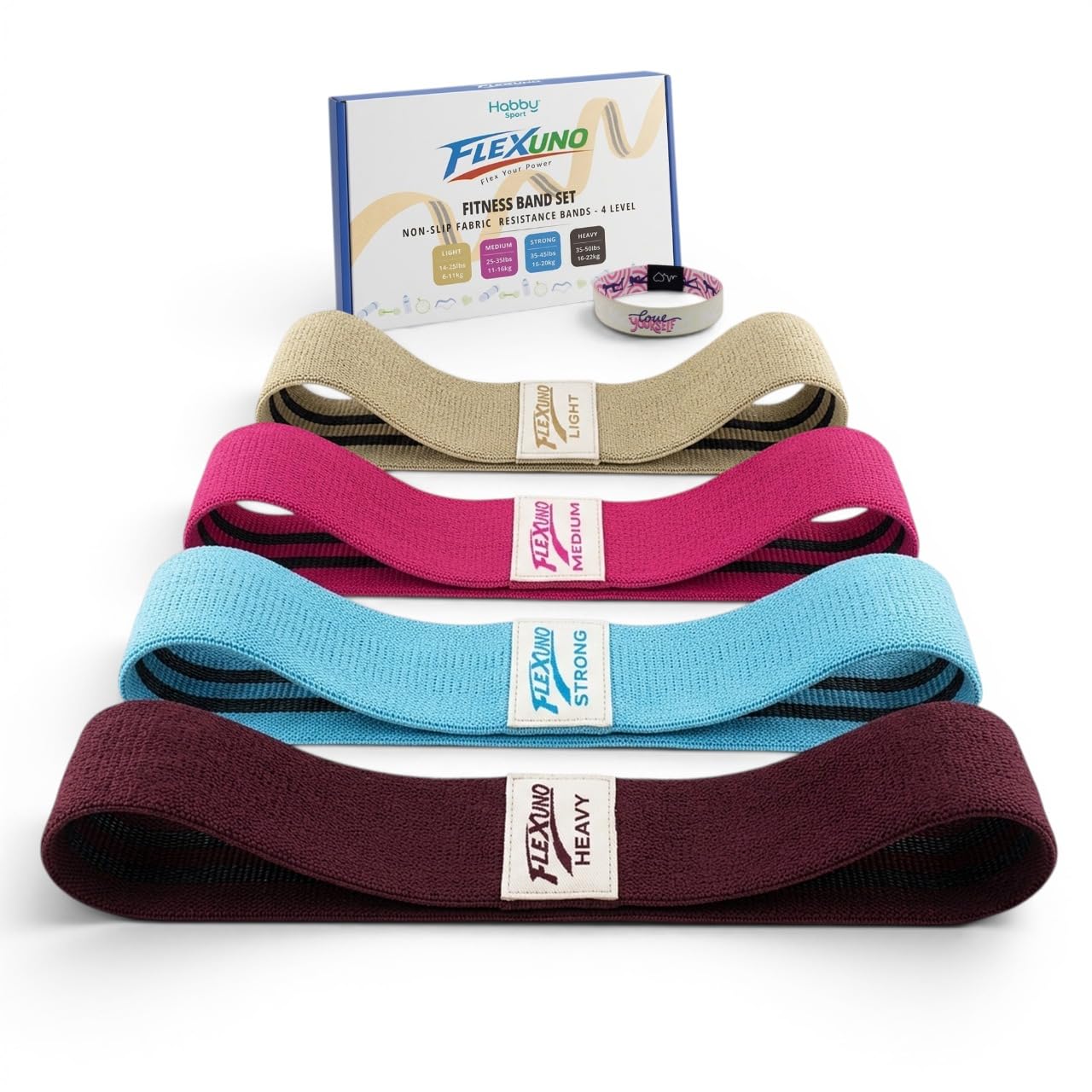HABBY SPORT Fabric Resistance Bands Set of 4 - Non-Slip Thick Fabric Booty Workout Loop Bands for Legs, Glutes, Home Gym, Physiotherapy, Strength Training - Unisex - FLEXUNO Serenity Edition