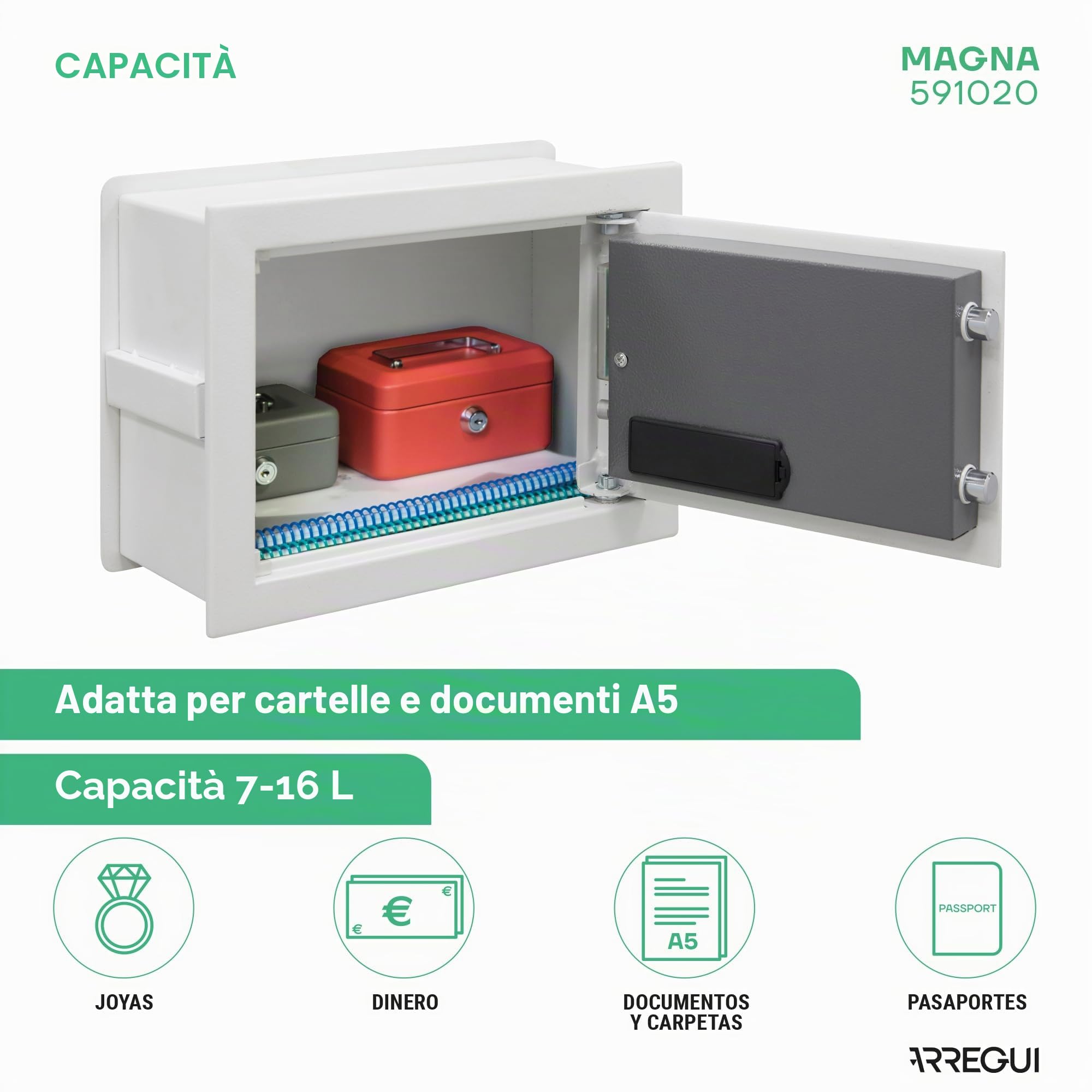 ARREGUI Magna 591020 Cassaforte da incasso con codice e chiave | Cassetta di sicurezza doppia con fondo estensibile per denaro | Cassaforte da parete elettronica per casa o ufficio | 26 x 36 x 15-25