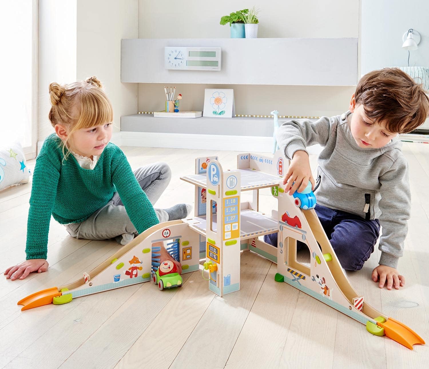 HABA Kullerbu Parking Garage - 3 Levels of Play with Car Wash, Fuel Pumps, Ramps & 2 Kullerbu Vehicles
