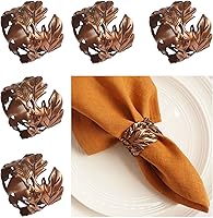 Utalek Leaf Shape Bronze Napkin Rings Set of 6 - Elegant Metal Holders for Weddings, Thanksgiving, Dinner Parties & Holidays
