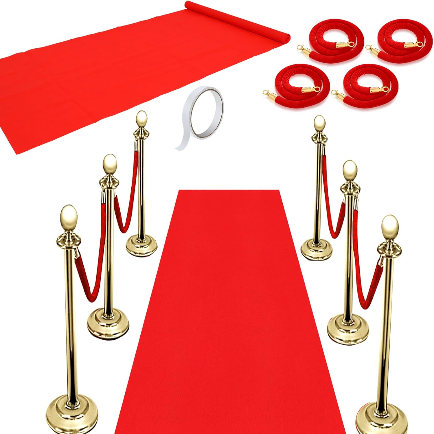 Red Carpet Runner 2.6 x 15 ft Carpet Aisle Runner Rug 55gsm Thickness with 4 Pieces Red Velvet Stanchion Rope Crowd Control Rope Barrier with Gold Color Plated Hooks, 5 Feet