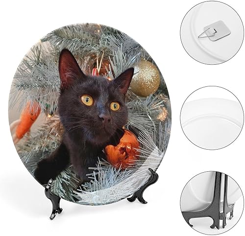 Miniatura 4 de Plato decorativo de cerámica para árbol de Navidad con diseño de gato negro, placa decorativa con soporte, placa redonda de exhibición para