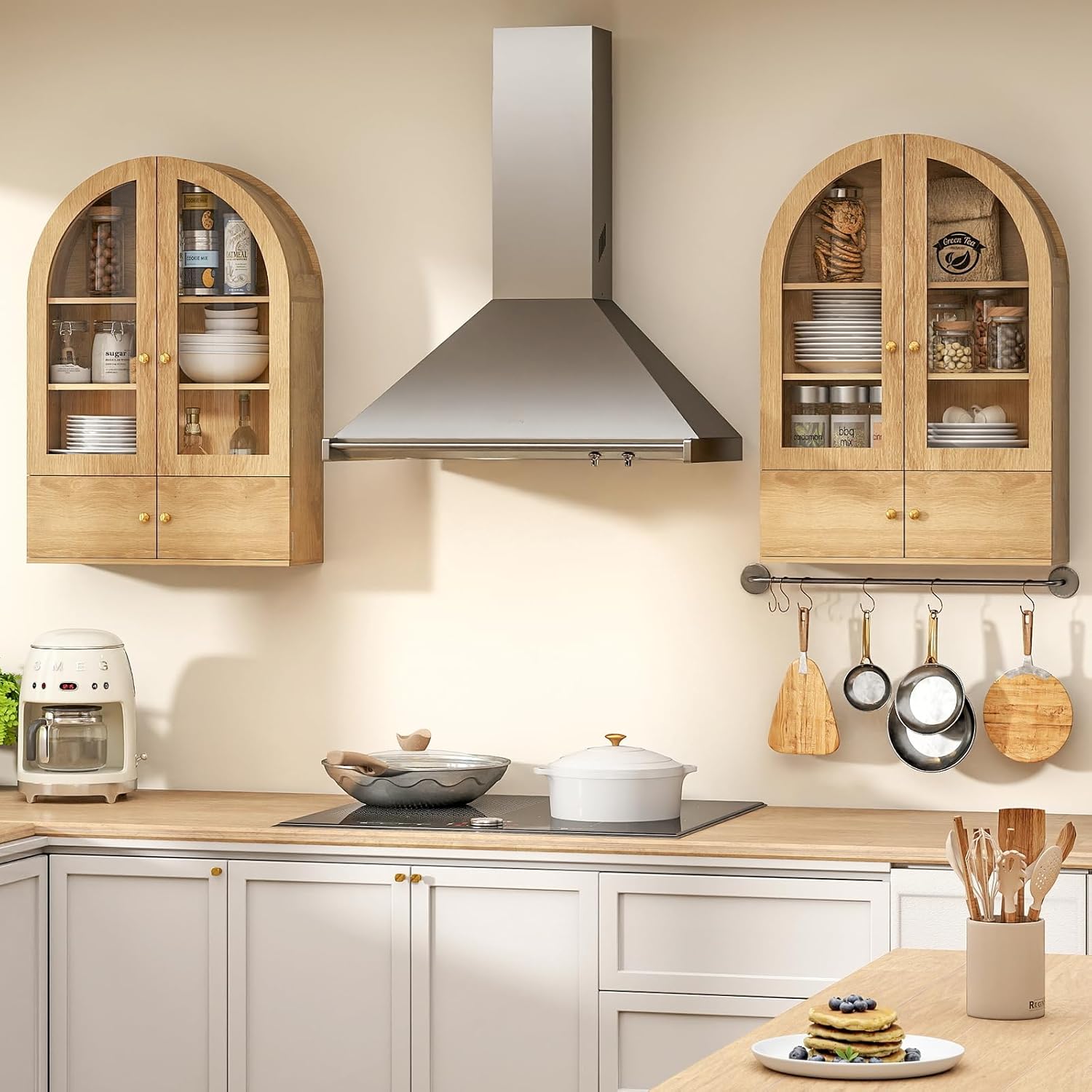 EAG Arched Wall Cabinet, Bathroom Medicine Cabinet with Glass Doors & Adjustable Shelves, Floating Storage Cabinet for Wall Over The Toilet Storage Cabinet Space Saver, Natural