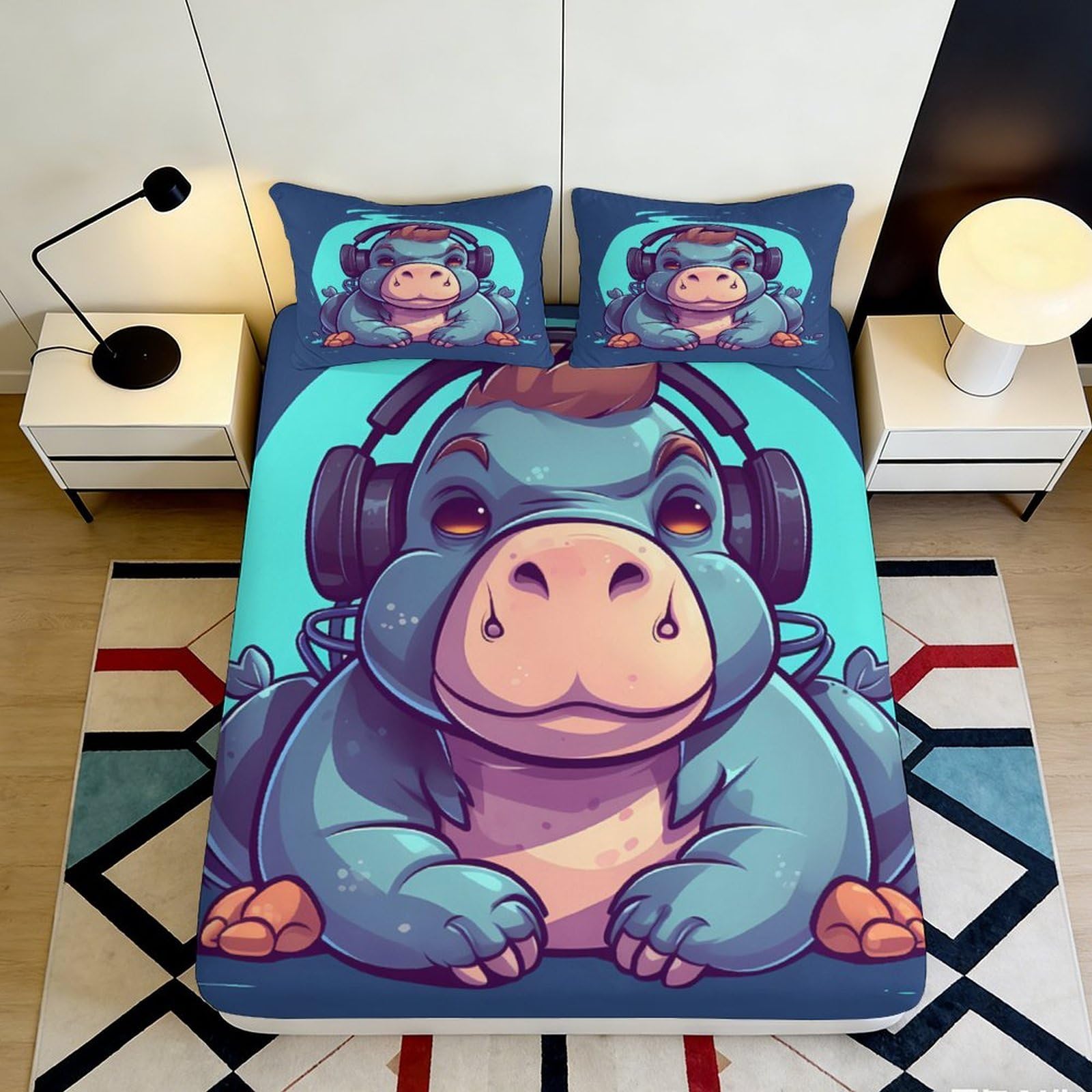 3D Printed Cartoon Hippo Fitted Sheet Microfiber Anti-Slip Blue Headphones Bed Cover for Bedroom Guest Room Mattress Decor 120x200x25cm