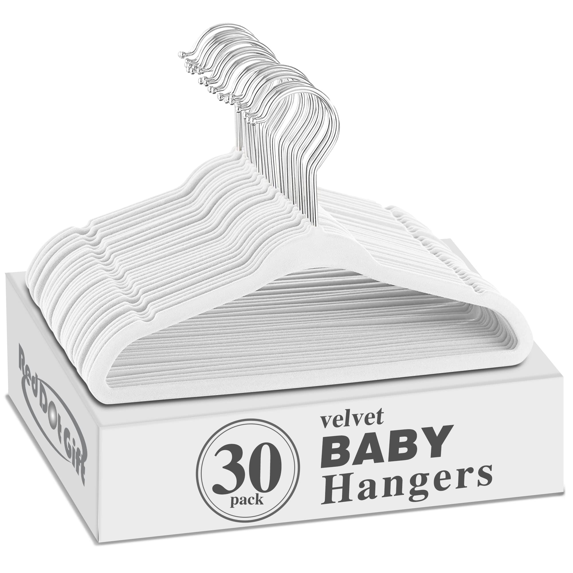 30 Pack White Baby Velvet Hangers 11Inch/28cm - Nursery Clothes Hangers Non Slip Toddler Hangers, 360 Chrome Swivel Hook