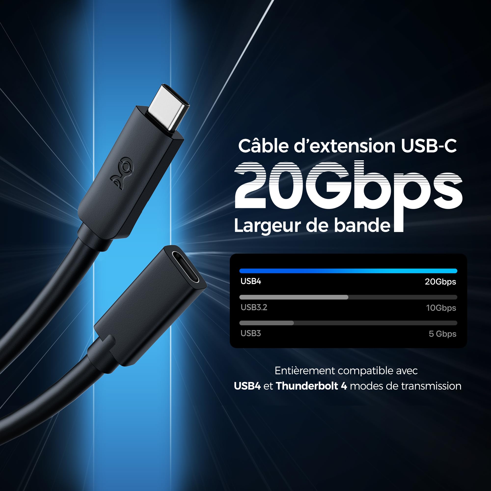 Image secondaire de Câble d'Extension USB-C 40Gbps 1m - Haute Vitesse Noir