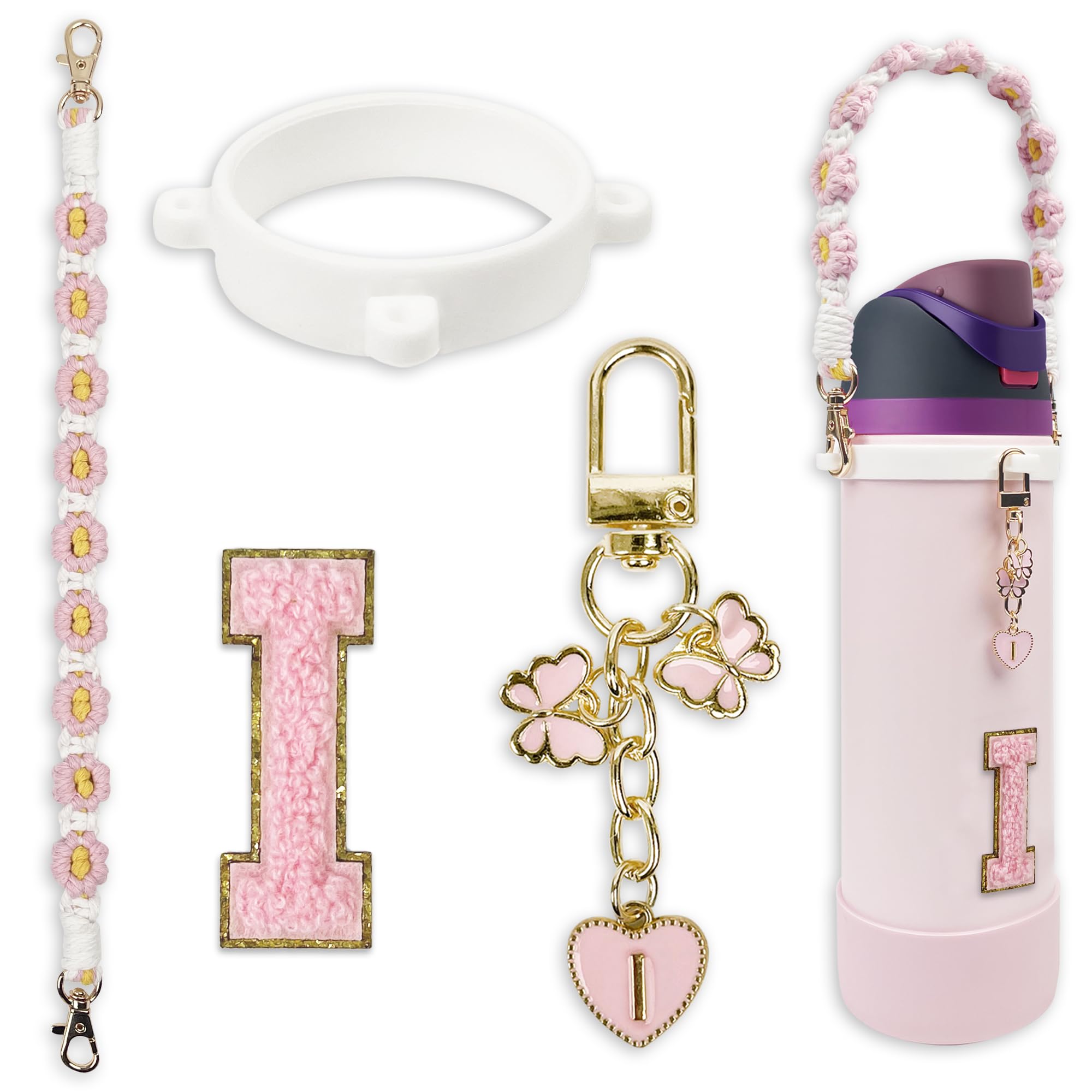 Compatible with Owala Water Bottle Accessories, Cute Letter Charm Set with Boho Handle Strap, Monogram Sticker, Silicone Ring, Keychain Decoration,