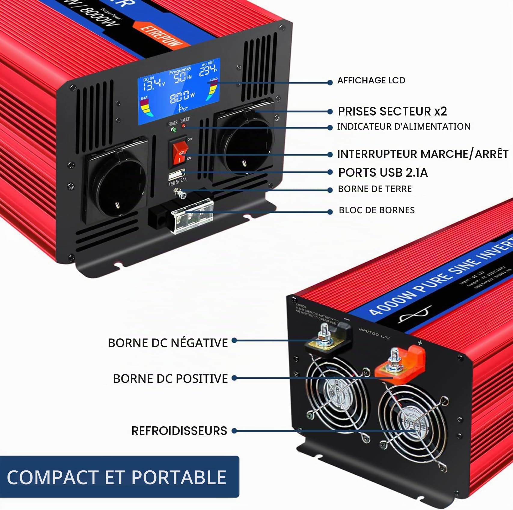 4000W convertisseur 12v 220v Pur Sinus transformateur