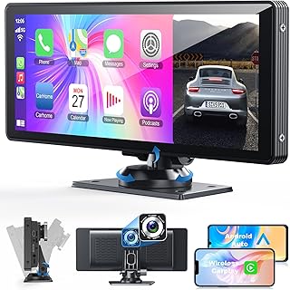 10.26 Inch Carplay Scren for Car, Portable Car Stereo with 4K Dashcam and Rear Camera Support Wireless Carplay/Android Auto/Airplay/Bluetooth/Voice Control/GPS/AUX, IPS Touchscreen with 64G TF Card