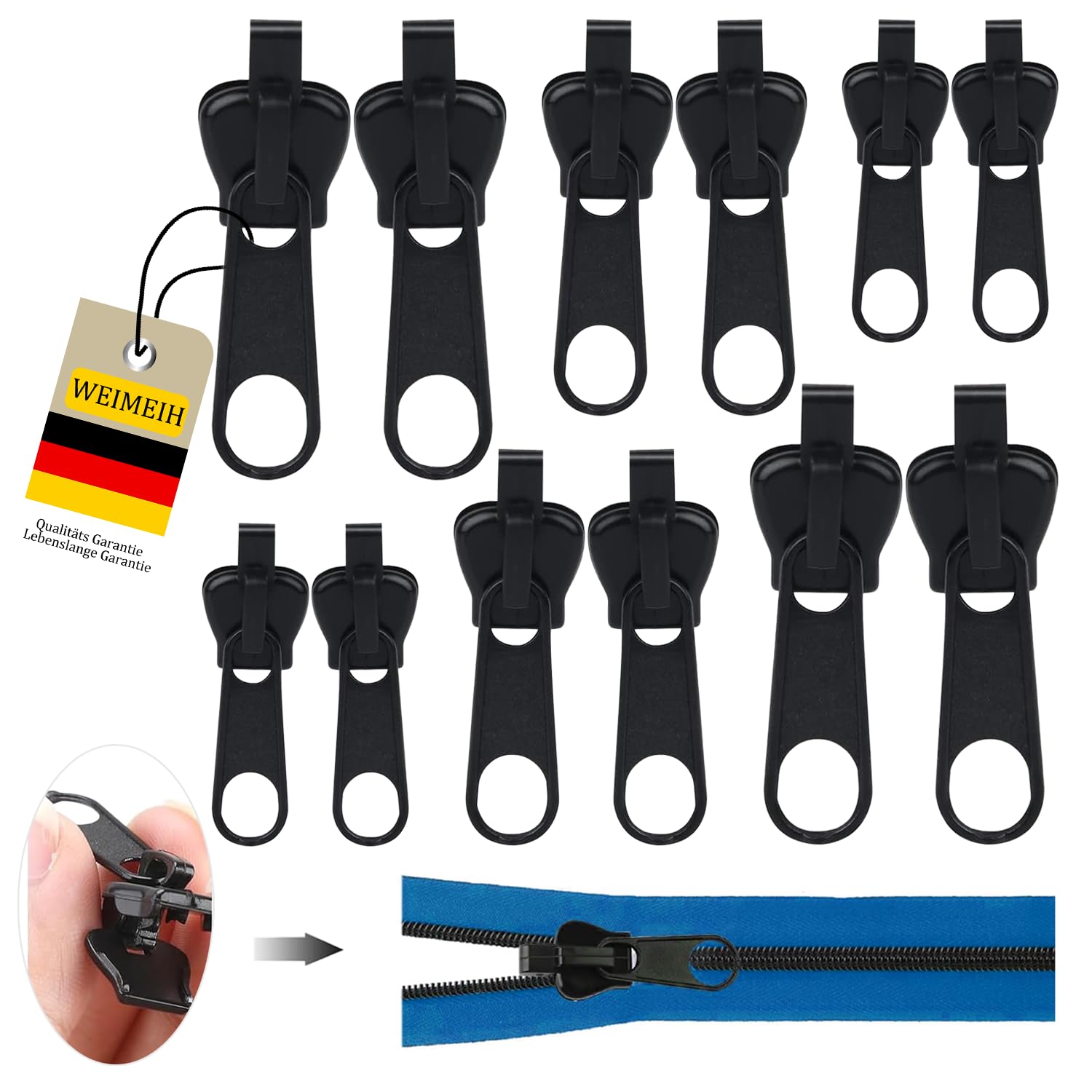 Reißverschluss Zipper, 12 Stück Reisverschluss-reparaturset Ersatz Abnehmbare Zipper Pull Fixer Reparatur Set für Universal,Kleidung,Bettzug,Gepäck,Rucksack (10)