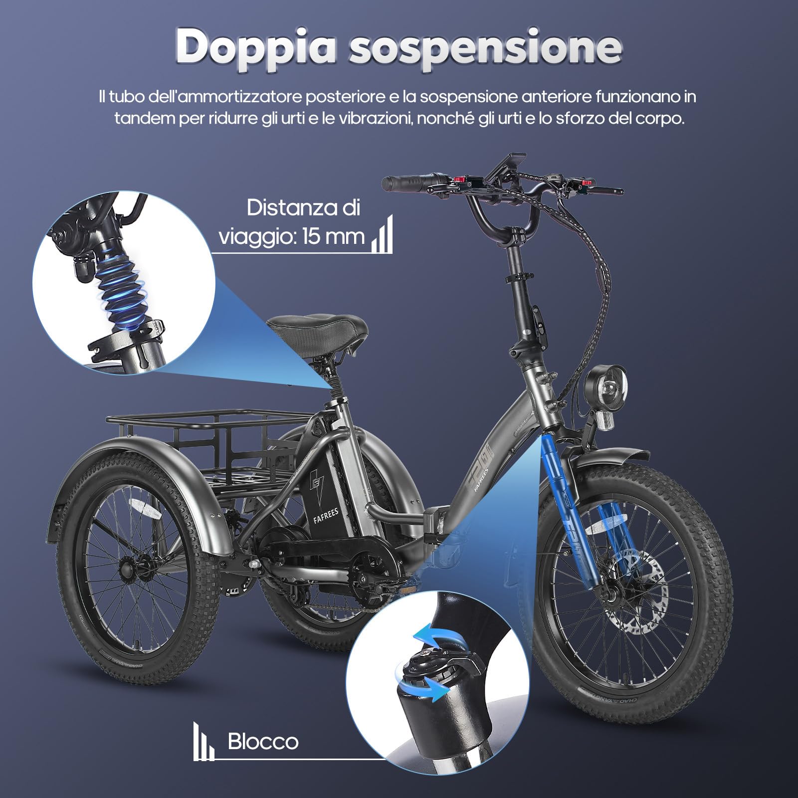 Fafrees F20 Mate Triciclo Elettrico, E-Bike Pieghevole A 3-Ruote, Batteria da 48 V/20 Ah, Triciclo Elettrico da Carico da 250 W per Adulti e Anziani, Autonomia 115 KM
