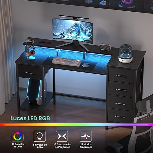 Miniatura 6 de Escritorio para computadora de 47 pulgadas con 5 cajones de almacenamiento de tela, escritorio para juegos con tomas de corriente y luces LED,